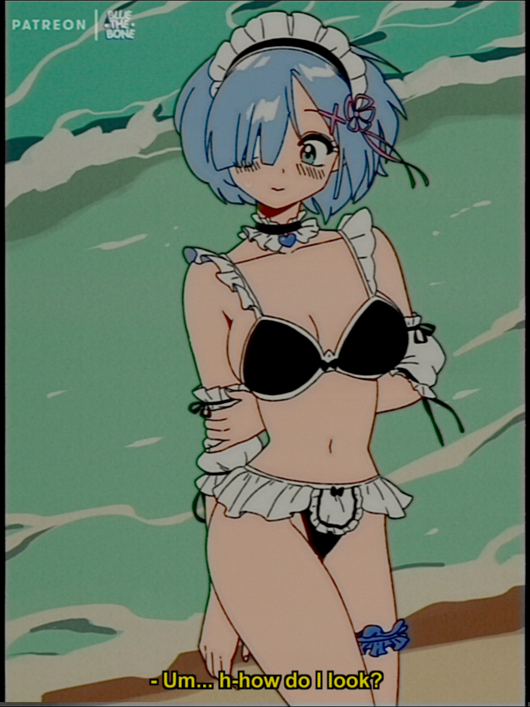 beach, bikini, blue eyes, blue hair, bluethebone, female, hair over one eye, maid, maid bikini, outdoors, re:zero kara hajimeru isekai seikatsu, rem (re:zero), retro artstyle, solo, solo female