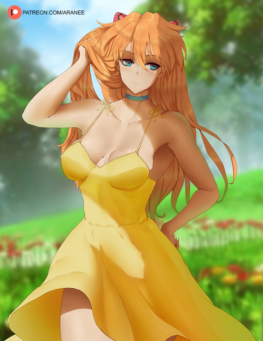1girls, araneesama, asuka langley sohryu, blue choker, blue eyes, breasts, choker, cleavage, clothing, covered nipples, cutesexyrobutts (style), day, dress, female, medium breasts, neon genesis evangelion, no bra, no nostrils, orange hair, sagging breasts, sleeveless, sleeveless dress, small nose, solo, sundress, teenager, very small nose, yellow dress