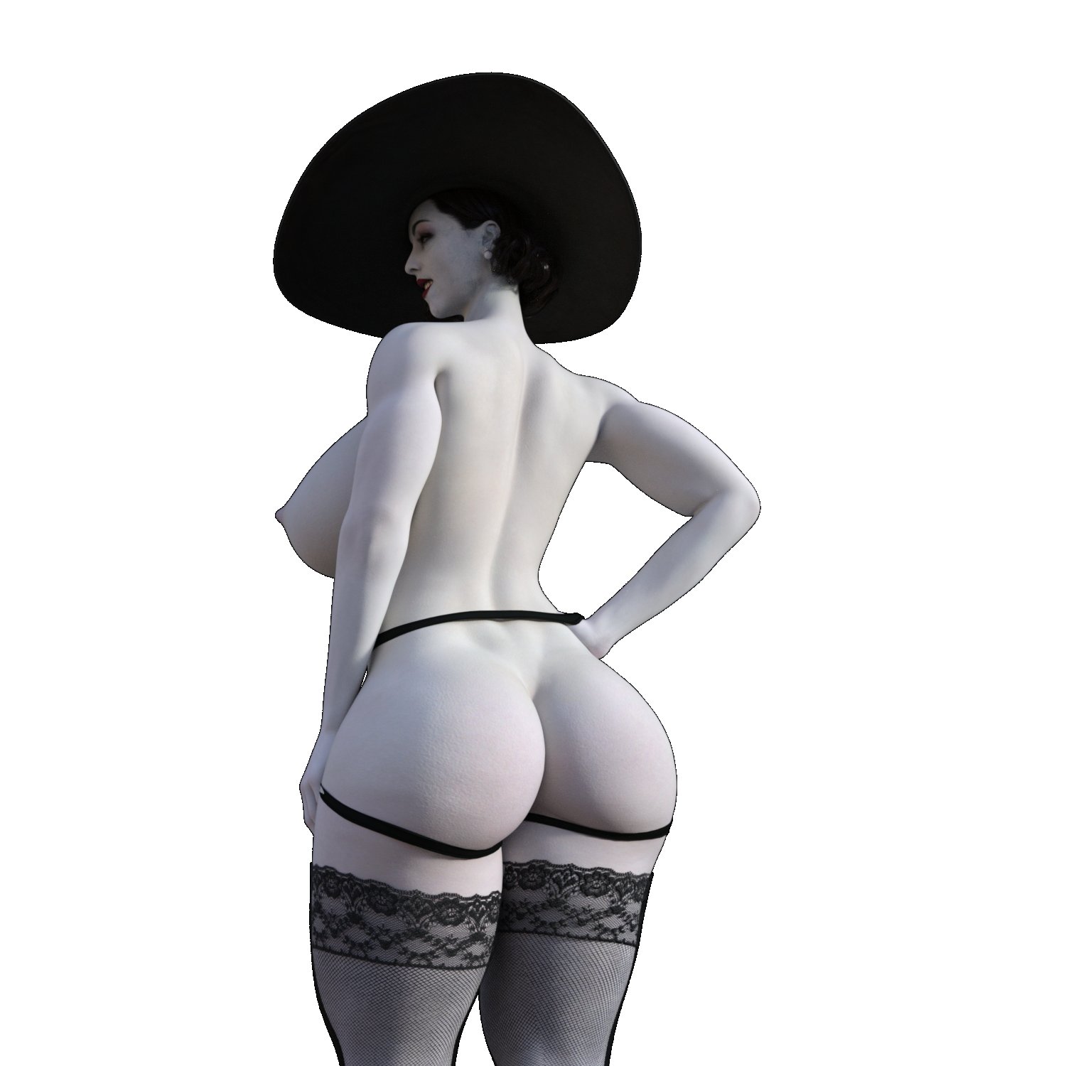 3d, alcina dimitrescu, ass, big ass, breasts, female, female only, hat, redalex werda, resident evil, resident evil 8: village, sideboob, solo female, stockings, thick thighs, white background