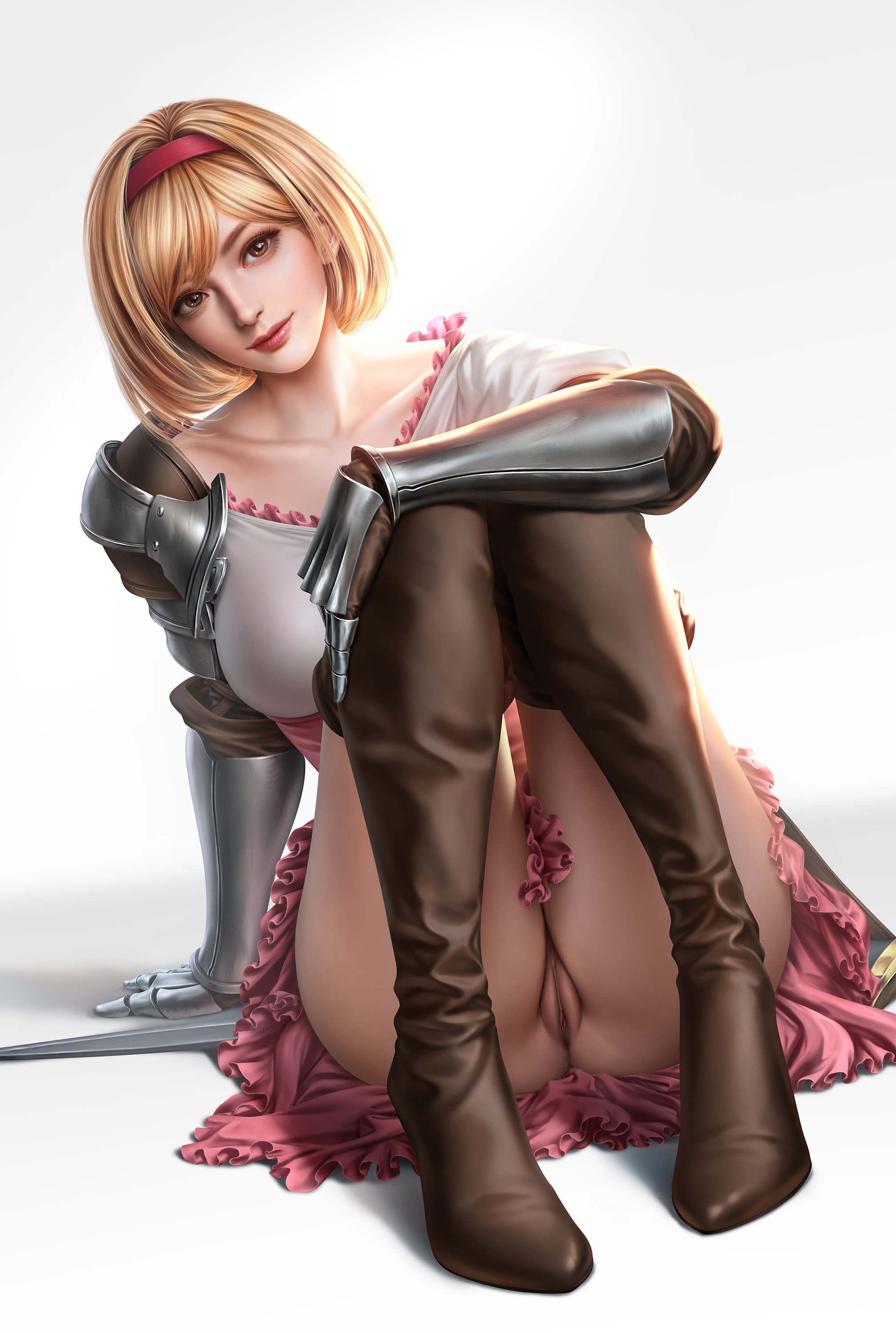 blonde hair, boots, bottomless, brown eyes, cloud.d, djeeta (granblue fantasy), female, granblue fantasy, looking at viewer, pussy, pussy peek, realistic, white background
