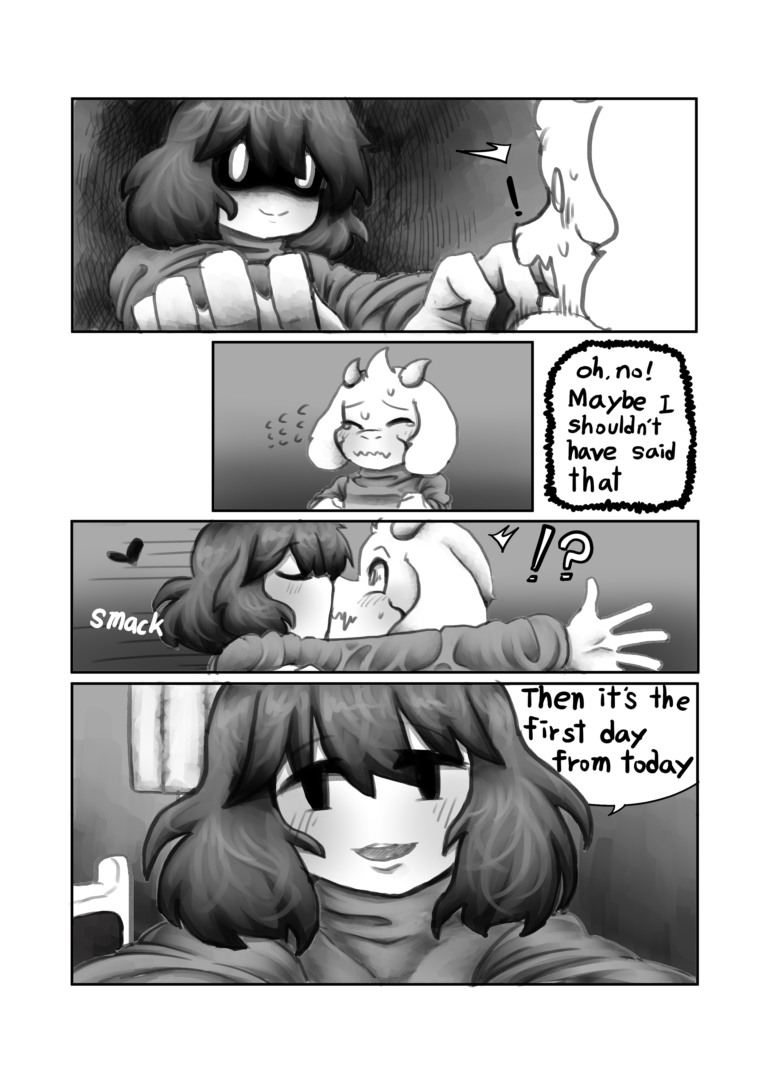 1boy, 1girls, adoptive siblings, artist request, asriel dreemurr, black and white, brother and sister, chara, comic, english text, female, female chara, hair, human, human on anthro, incest, kissing, male, mob face, monster, monster boy, straight, tagme, undertale, undertale (series), whitewo1f