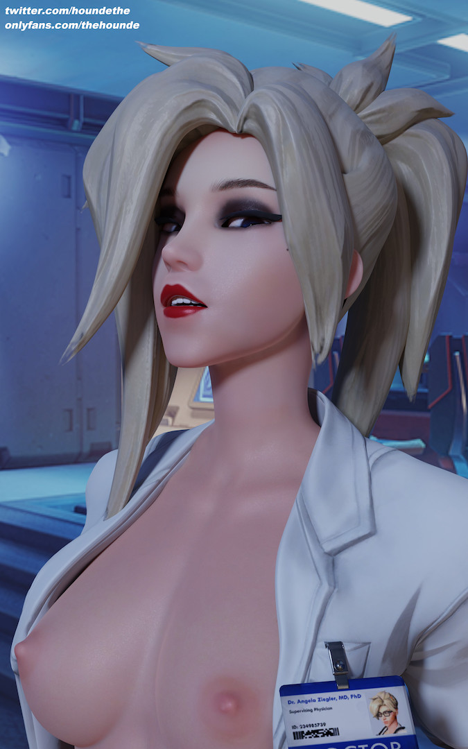 1girls, 3d, angela ziegler, blizzard entertainment, blonde hair, breasts, close-up, doctor, exposed breasts, female, female only, heroine, human, labcoat, light skin, light-skinned female, mercy, overwatch, red lipstick, seductive look, solo, swiss, thehounde, twitter username