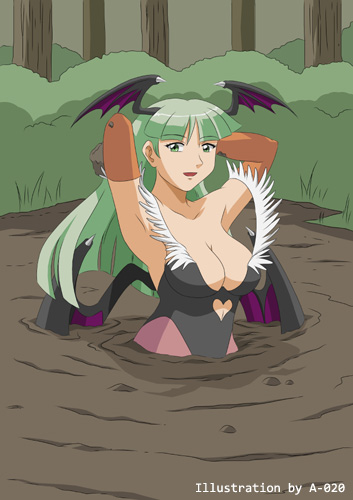 1girls a-020 bare_shoulders bat_wings blush breasts bridal_gauntlets clothing darkstalkers female green_eyes green_hair head_wings large_breasts leotard long_hair looking_at_viewer medium_breasts morrigan_aensland mud posing quicksand sinking solo succubus tagme thick_thighs