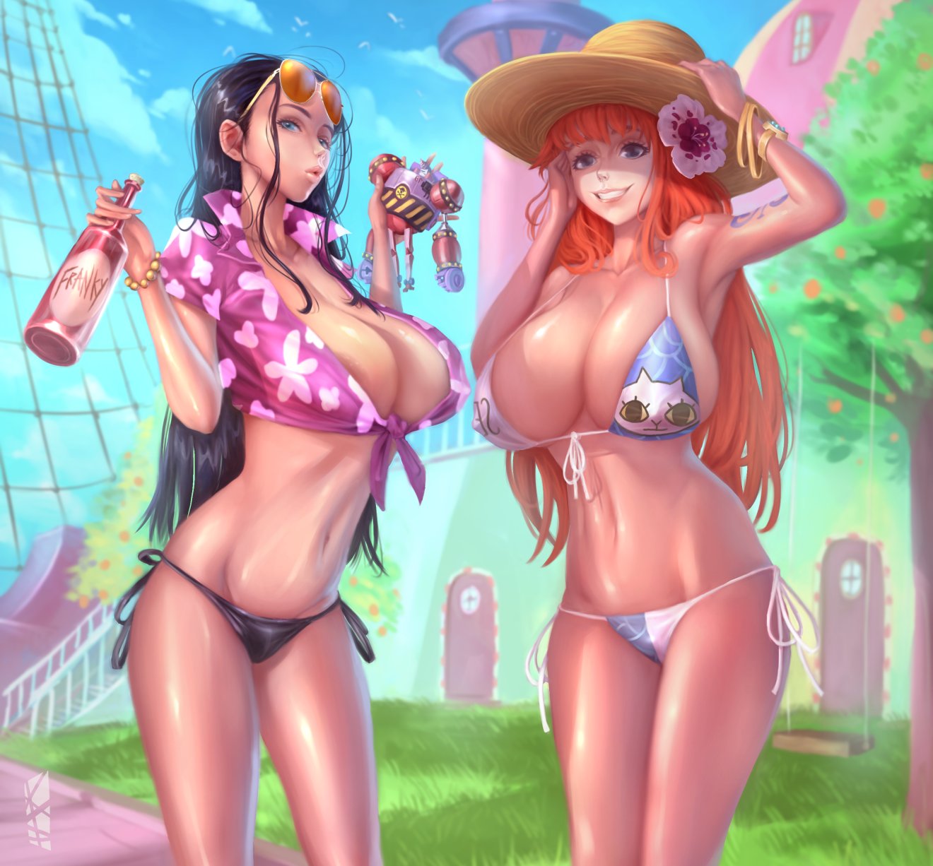 2girls action_figure bikini black_hair black_hair_female blue_eyes boat bottle breasts cleavage eyewear_on_head female female_only flower_in_hair glistening_breasts glistening_hair glistening_skin grass highres large_breasts long_black_hair long_hair long_orange_hair maiden_satania midriff multiple_girls nami navel nico_robin one_piece one_piece_film_gold orange_hair orange_hair_female outdoors post-timeskip questionable robot shiny_body short_black_hair short_hair_female side-tie_bikini sky smile straw_hat sundress sunglasses sunglasses_on_head swimsuit three-quarter_portrait tomoe_draws toy watercraft