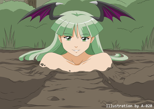 1girls a-020 bare_shoulders bat_wings darkstalkers female green_eyes green_hair head_wings long_hair looking_at_viewer morrigan_aensland mud pov pov_eye_contact quicksand sinking solo succubus tagme