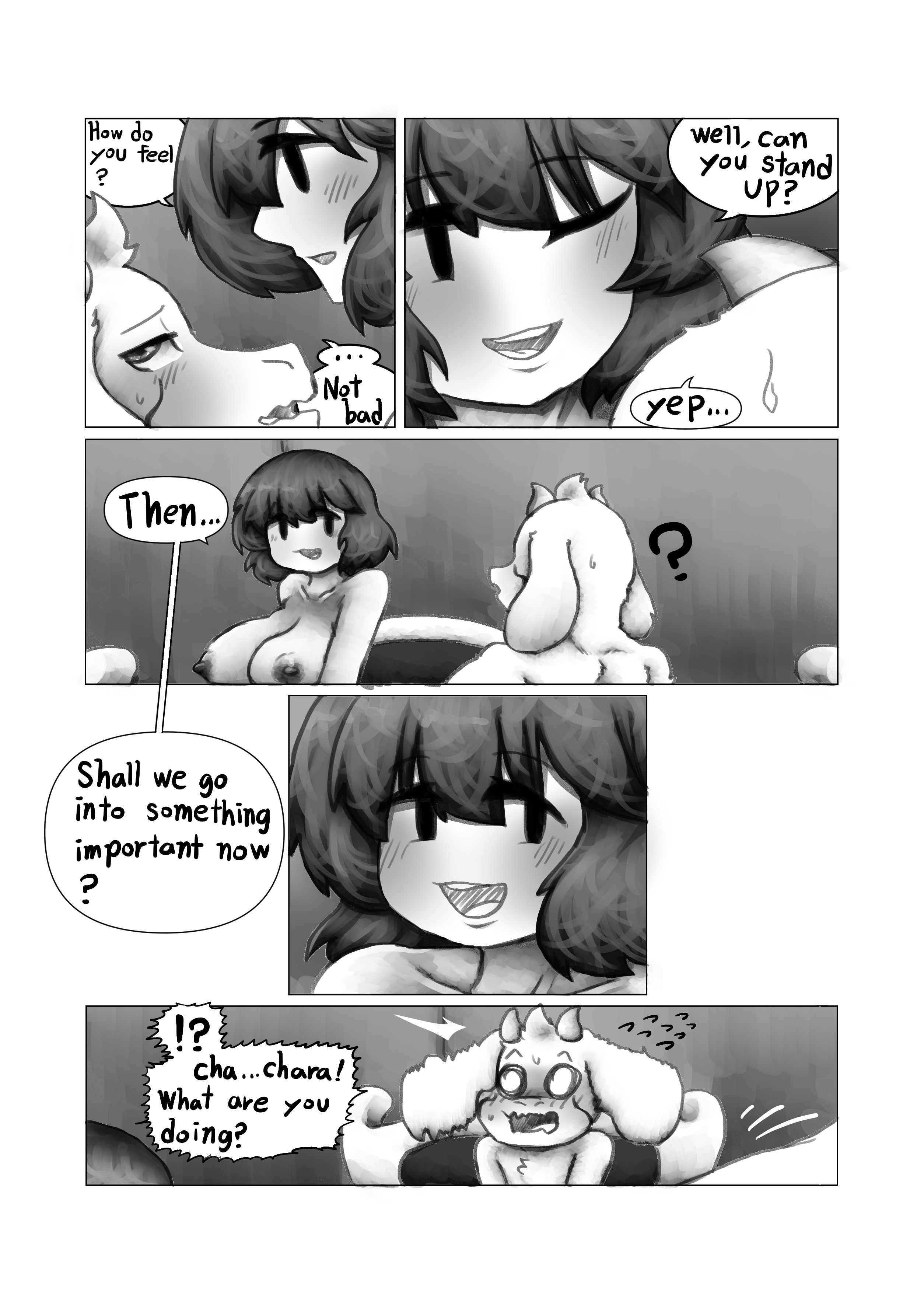 1boy, 1girls, adoptive siblings, artist request, asriel dreemurr, big breasts, black and white, breasts, brother and sister, chara, comic, completely nude, english text, female, female chara, hair, human, human on anthro, incest, male, mob face, monster, monster boy, naked, naked female, nude, nude female, straight, tagme, undertale, undertale (series), whitewo1f