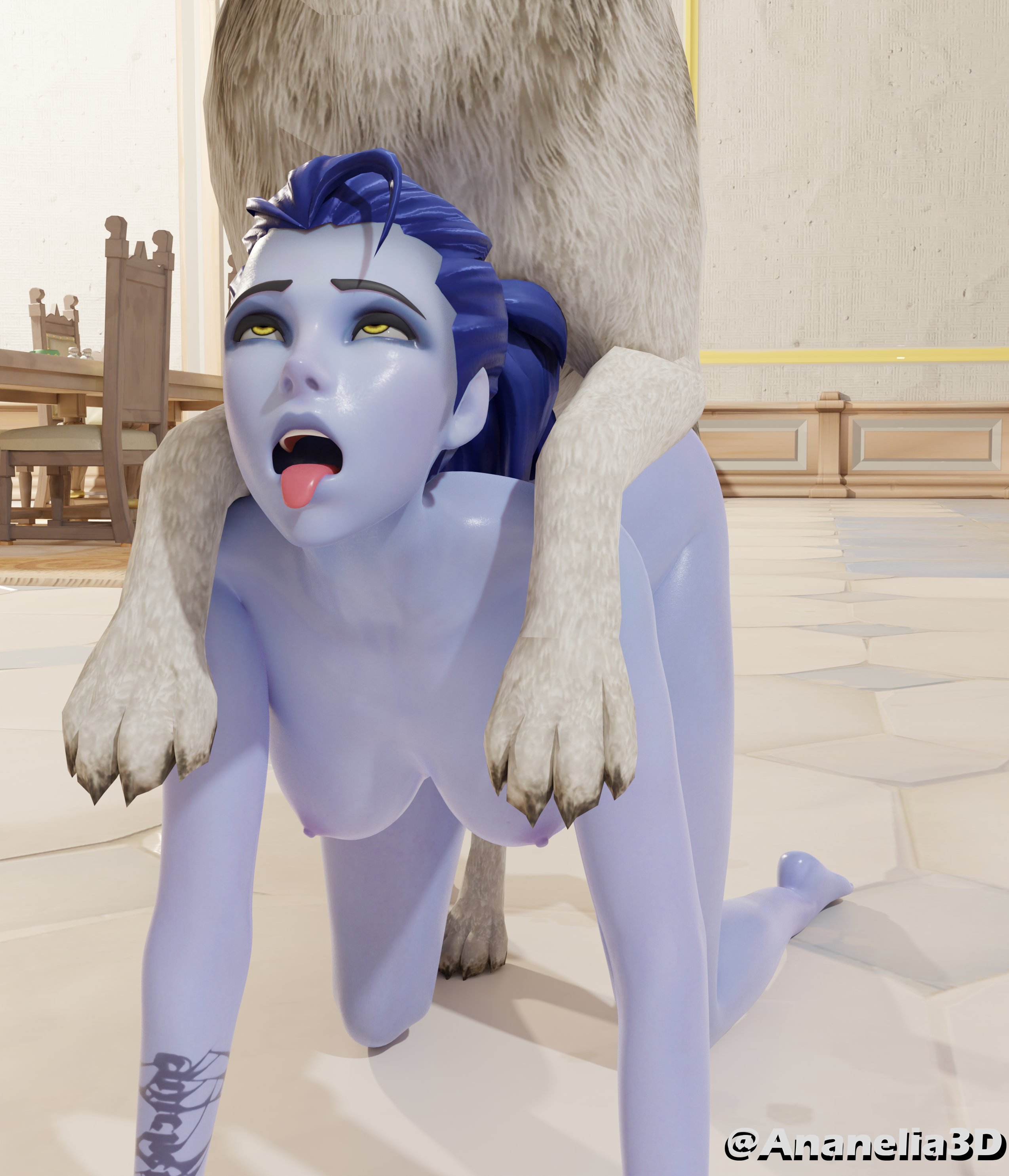 1animal, 1boy, 1girls, 3d, ahe gao, amelie lacroix, ananelia, animal genitalia, animal penis, canine, canine penis, doggy style, female, feral, feral on female, feral on human, knot, male, mounting, naked, nude, on all fours, overwatch, penis, straight, tattoo, tongue, tongue out, widowmaker, yellow eyes, zoophilia