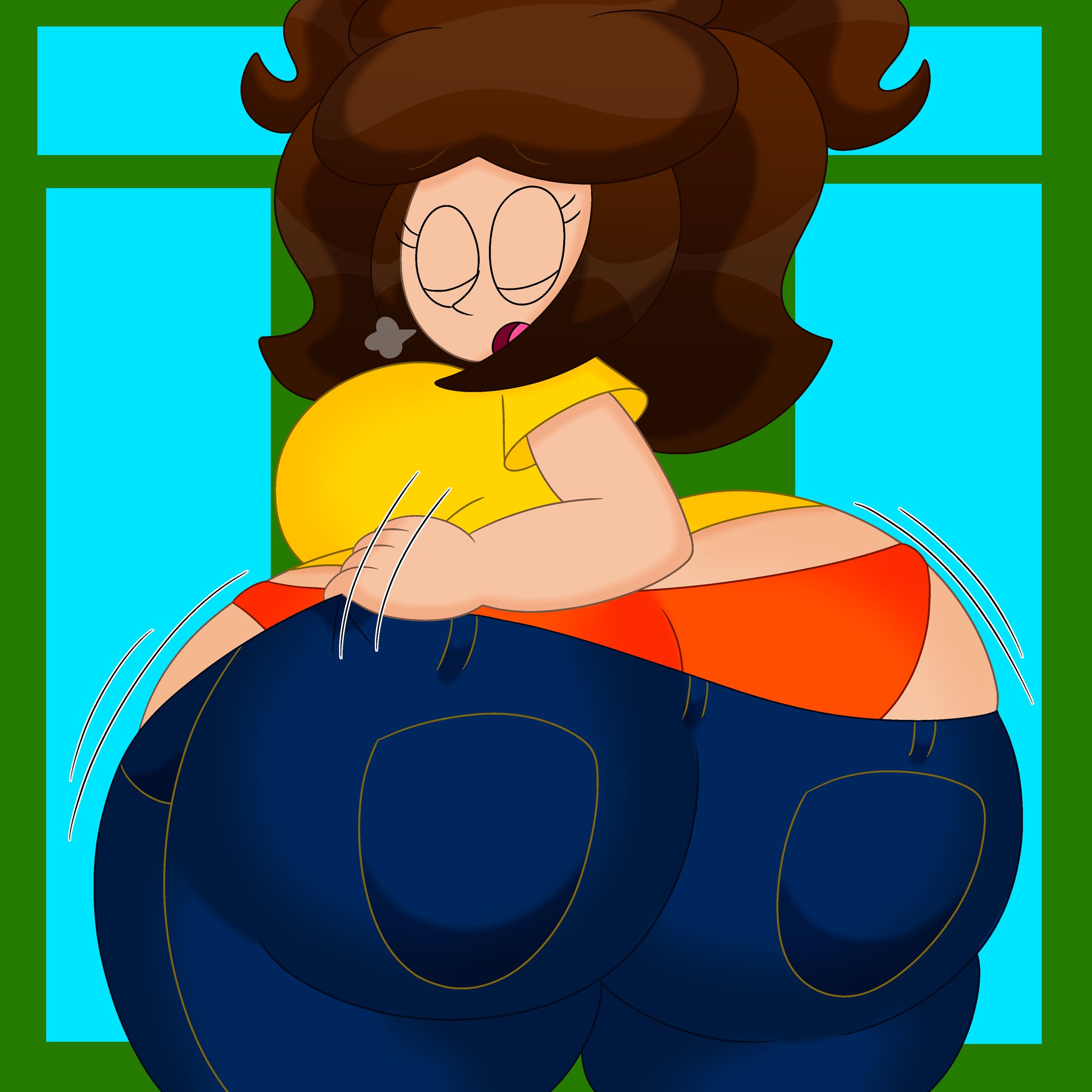 1girls, 3barts, ass, ass cleavage, ass crack, bent over, big ass, bottom heavy, breasts, brown hair, butt crack, child bearing hips, clothed, clothing, eyelashes, female, female only, hips, huge ass, human, jess (3barts), large breasts, light skin, light-skinned female, looking back, medium hair, motion lines, open mouth, orange panties, original, original character, panties, pants down, presenting, presenting hindquarters, shirt, sideboob, sigh, simple background, smile, solo, solo female, standing, struggling, struggling to fit, t-shirt, thick thighs, thighs, tight clothing, twintails, visible breath, wardrobe malfunction, wide hips