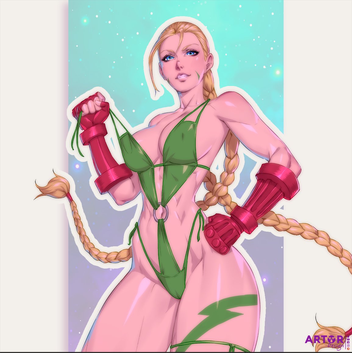 1girls, armwear, arttoru, bikini, bikini pull, blonde hair, blue eyes, cameltoe, cammy white, capcom, female, female only, hand on hip, long hair, looking at viewer, o-ring bikini, pussy, solo, solo female, street fighter, teeth clenched, teeth showing, thick thighs, twin braids
