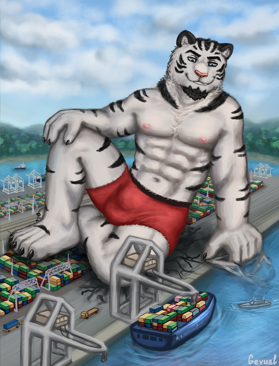 anthro bulge clothing felid feline gevual hi_res macro male male_focus male_only mammal micro muscular nude outside pantherine port ship sitting solo tiger underwear vehicle watercraft