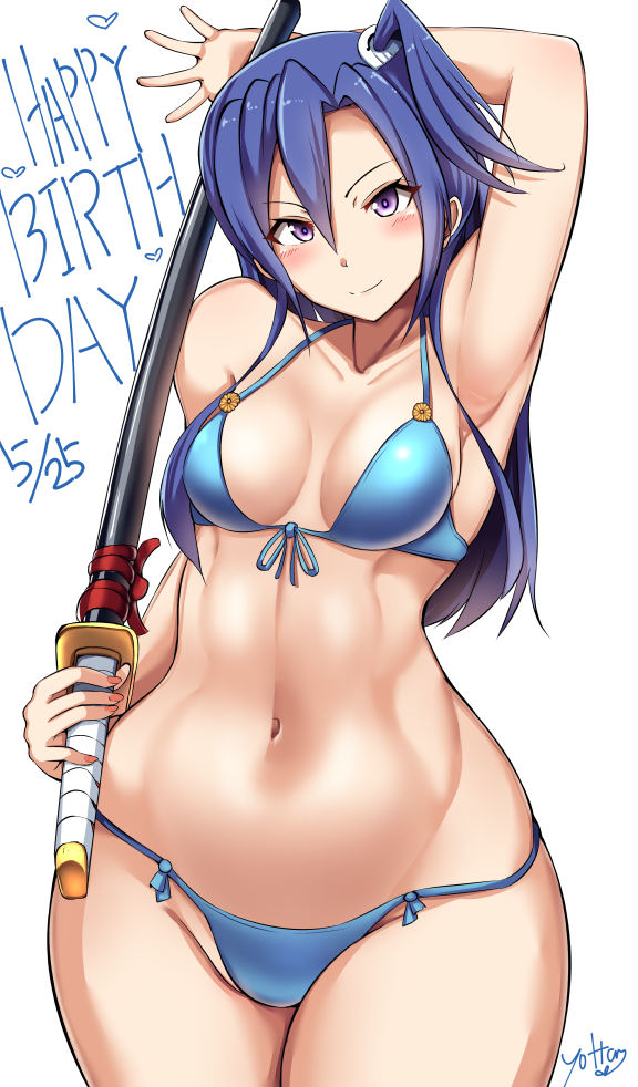 ahoge arm_up armpits bikini blue_bikini blue_hair blush bottom_heavy breasts closed_mouth female katana kazanari_tsubasa legs_together long_hair looking_at_viewer medium_breasts navel one_side_up purple_eyes senki_zesshou_symphogear shiny shiny_hair shiny_skin simple_background smile solo standing swimsuit sword thick_thighs thighs toned weapon white_background wide_hips yottan