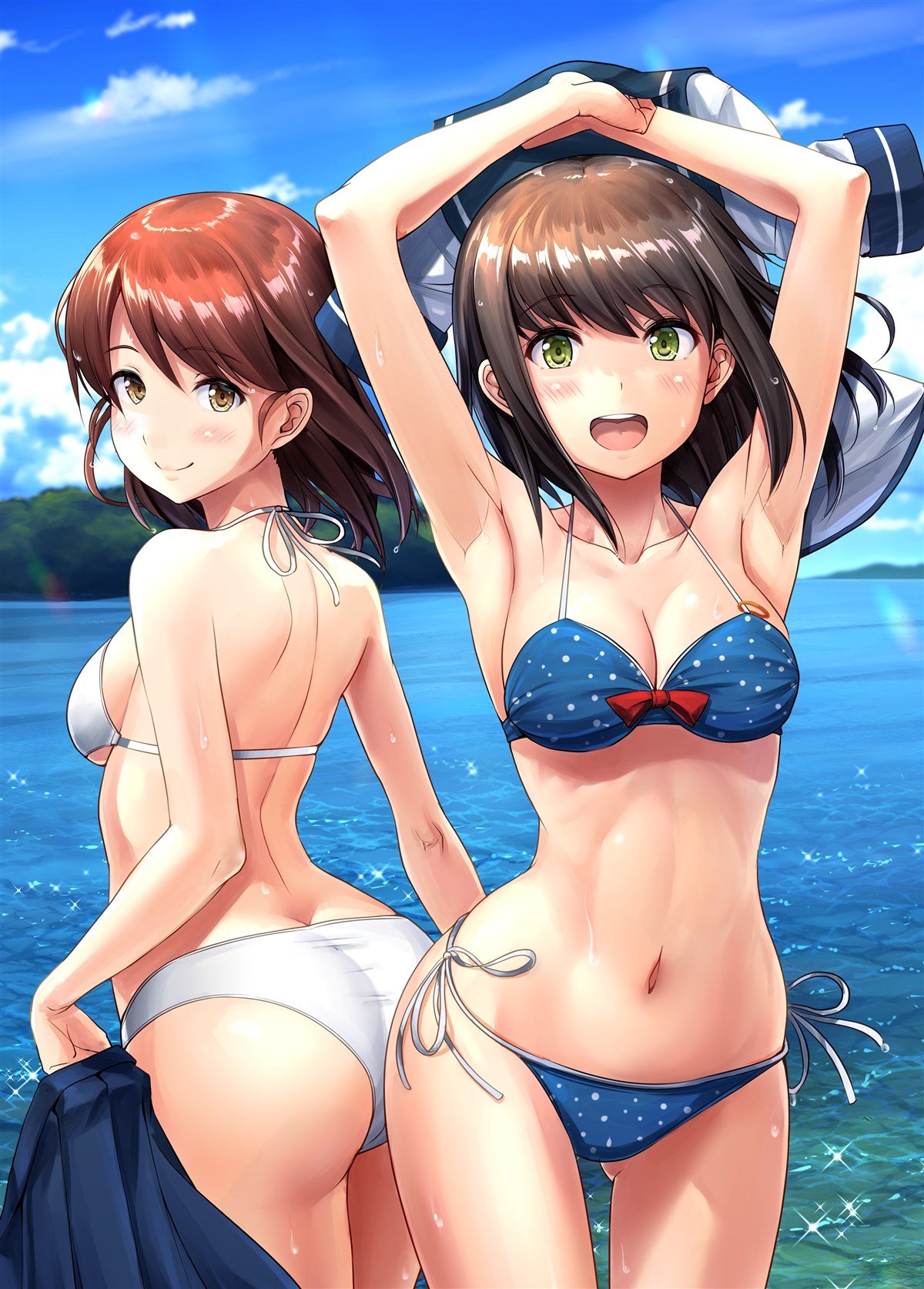 2girls :d armpits arms_up ass ass_cleavage ass_visible_through_thighs back beach bikini black_hair blue_bikini blue_skirt blue_sky blush breasts brown_eyes brown_hair butt_crack cleavage closed_mouth cloud collarbone cowboy_shot day eyebrows_visible_through_hair fubuki_(kantai_collection) green_eyes hair_down halterneck highres holding holding_clothes ichikawa_feesu kantai_collection looking_at_viewer medium_breasts medium_hair multiple_girls navel ocean open_mouth outdoors pleated_skirt sailor_collar school_uniform serafuku shiny shiny_hair shirayuki_(kantai_collection) short_hair side-tie_bikini skindentation skirt sky smile standing stomach string_bikini swimsuit teeth upper_teeth wet white_bikini