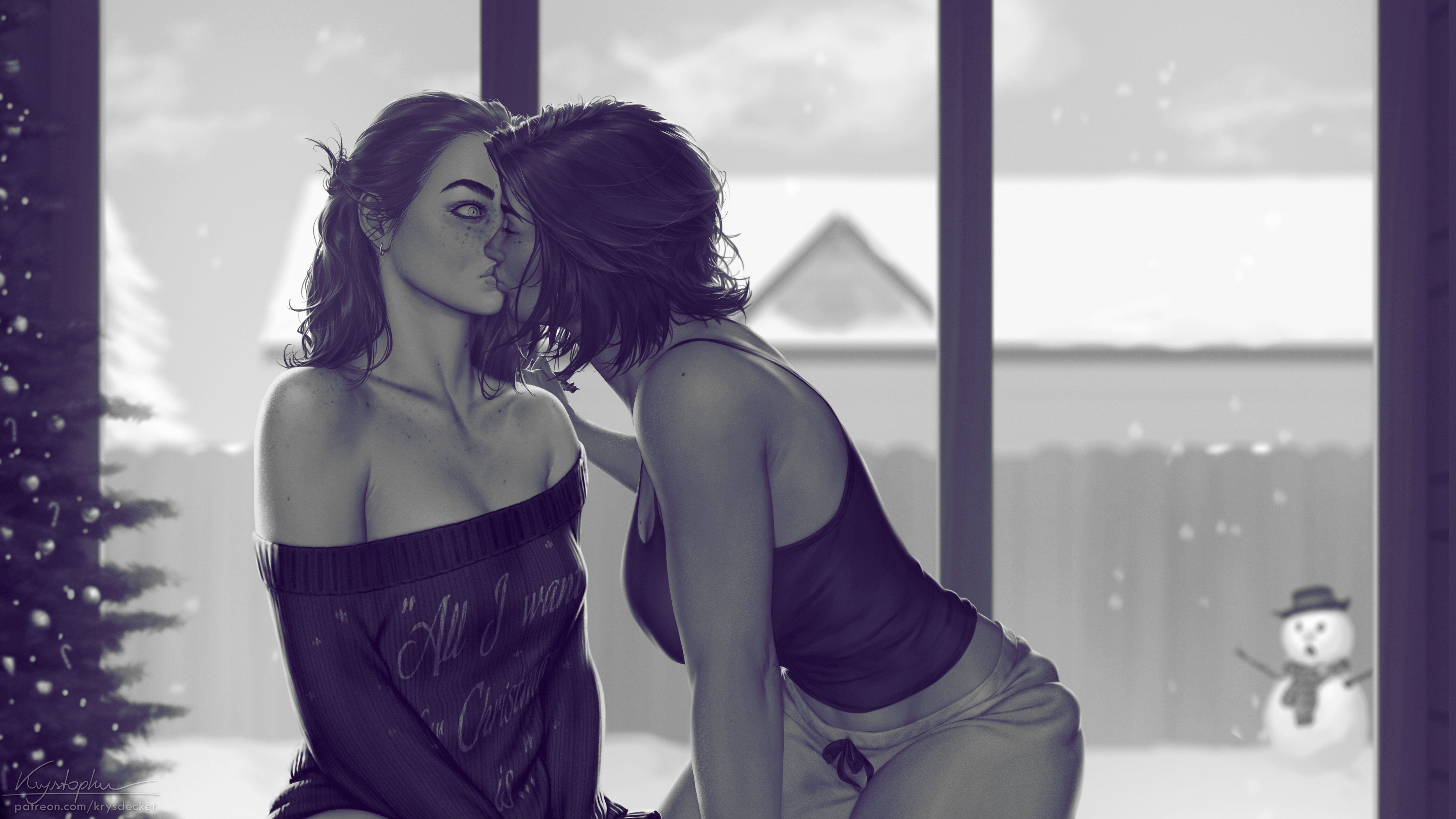 2girls, bare shoulders, big breasts, breasts, christmas, christmas tree, cleavage, dark skin, eyelashes, eyeliner, female, female only, freckles, hi res, iris (krysdecker), kissing, krysdecker, long hair, makeup, maya (krysdecker), medium breasts, medium hair, monochrome, oc, original, original characters, snow, snowman, surprised, surprised expression, tank top, wholesome, yuri