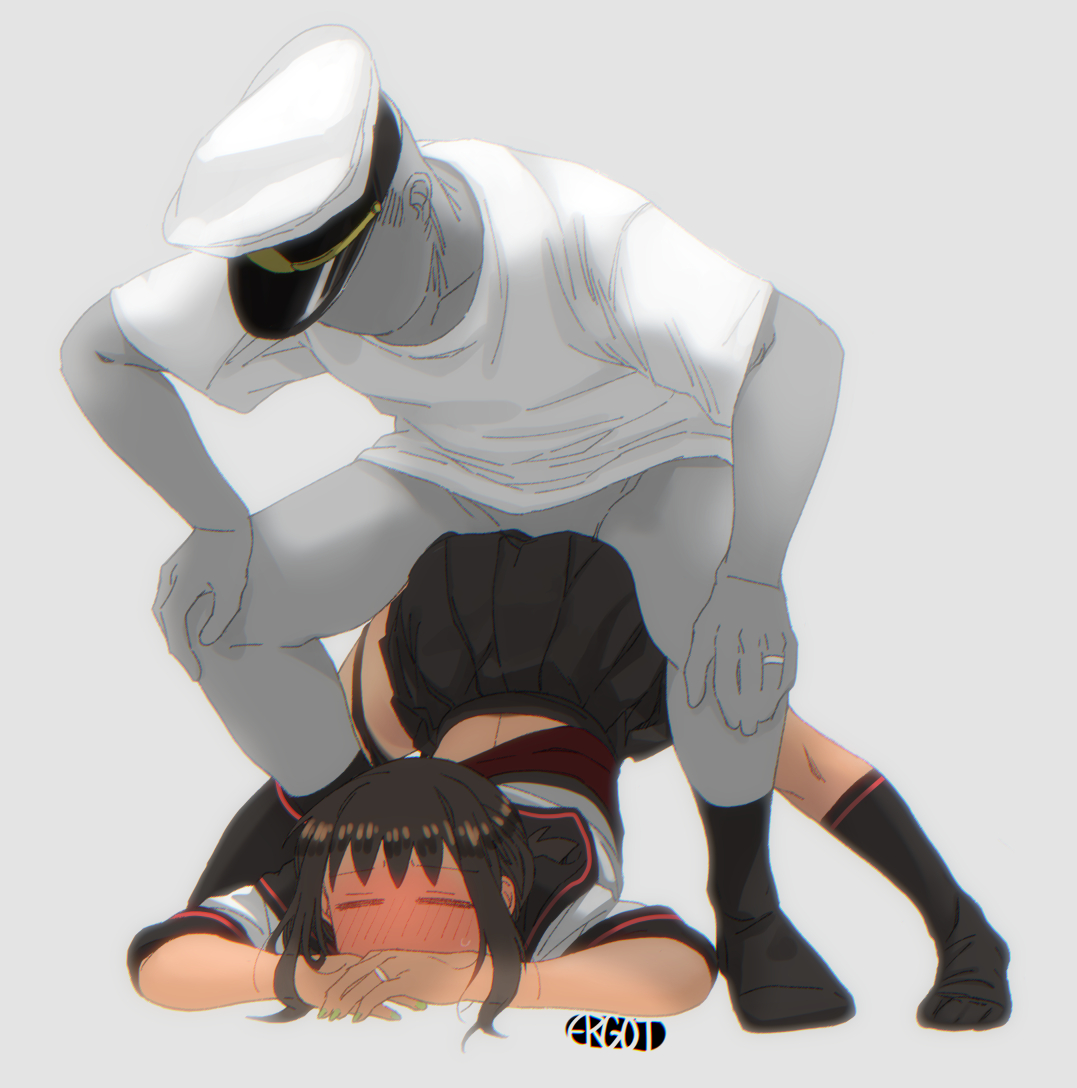 1boy, admiral (kantai collection), bangs, black hair, black legwear, black sailor collar, black skirt, blush, bulldog position, closed eyes, covered penetration, ergot, faceless, faceless male, female, fubuki (kantai collection), grey background, grey skirt, hands on ground, implied sex, jack-o pose, jewelry, kantai collection, kneehighs, male, meme, nose blush, piledriver (sex), pleated skirt, ring, sailor collar, school uniform, serafuku, sex, shirt, signature, simple background, skirt, spread legs, straight, sweat, top-down bottom-up, wedding band, white shirt, wide spread legs