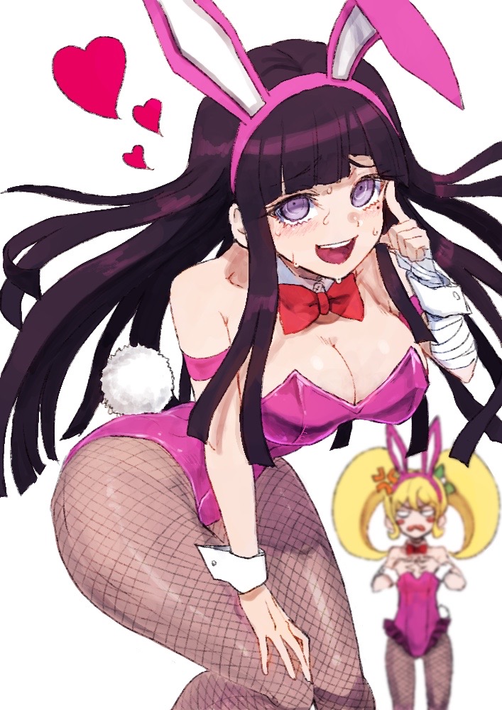 2022 2girls anger_vein angry animal_ears animal_tail bandage bandaged_arm bandages bangs beauty_mark blonde_hair blunt_bangs bow bow_tie bowtie breast_envy bunny_costume bunny_ears bunny_tail bunnygirl bunnysuit collarbone cuffs danganronpa danganronpa_2:_goodbye_despair facing_viewer fake_animal_ears fake_tail female female_focus female_human female_only fishnet_legwear fishnet_pantyhose fishnets fluffy_tail fringe hair_ornament hair_ribbon hand_on_knee heart human human_focus human_only large_breasts looking_at_viewer messy_hair mole mole_under_eye nervous nervous_smile nervous_sweat out_of_frame pantyhose petite pink_clothing posing purple_hair rabbit_ears rabbit_tail red_bowtie saionji_hiyoko see-through shiny shiny_hair smile smiling smiling_at_viewer straight_hair sweat sweatdrop sweating teenager thighhighs tsumiki_mikan tsunemi_aosa twintails upper_teeth white_background wrist_cuffs wristwear