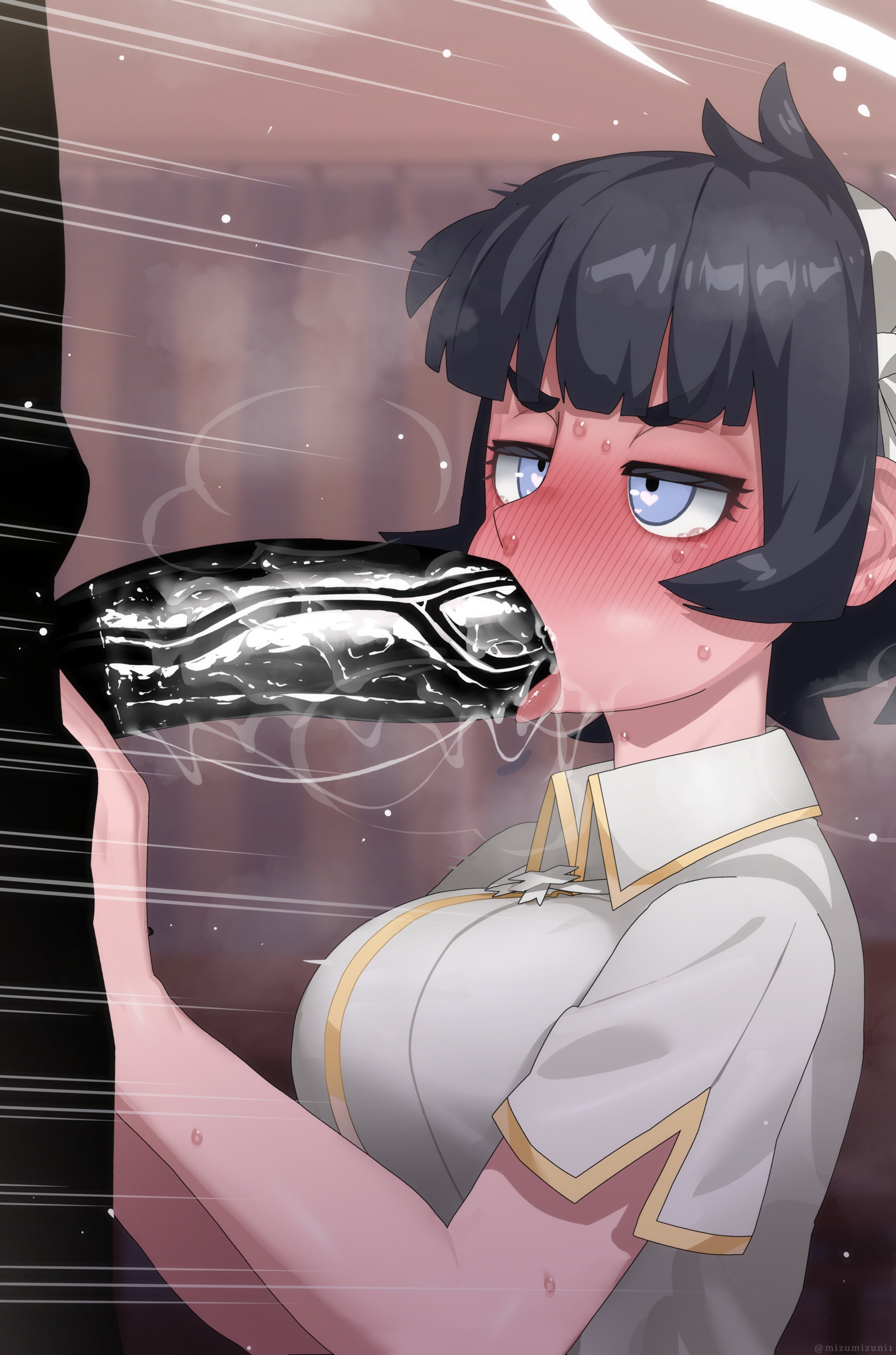 1boy, 1girls, azazel (helltaker), big penis, black body, black hair, black penis, blue eyes, blush, censored, cute, deepthroat mark, diadem, fellatio, female, fringe, gigantic penis, helltaker, kneeling, large penis, long penis, male, mizumizuni, oral, penis, petite, saliva, saliva trail, seductive mouth, short hair, sloppy, teenager, throat fuck, tongue, tongue out, upper body