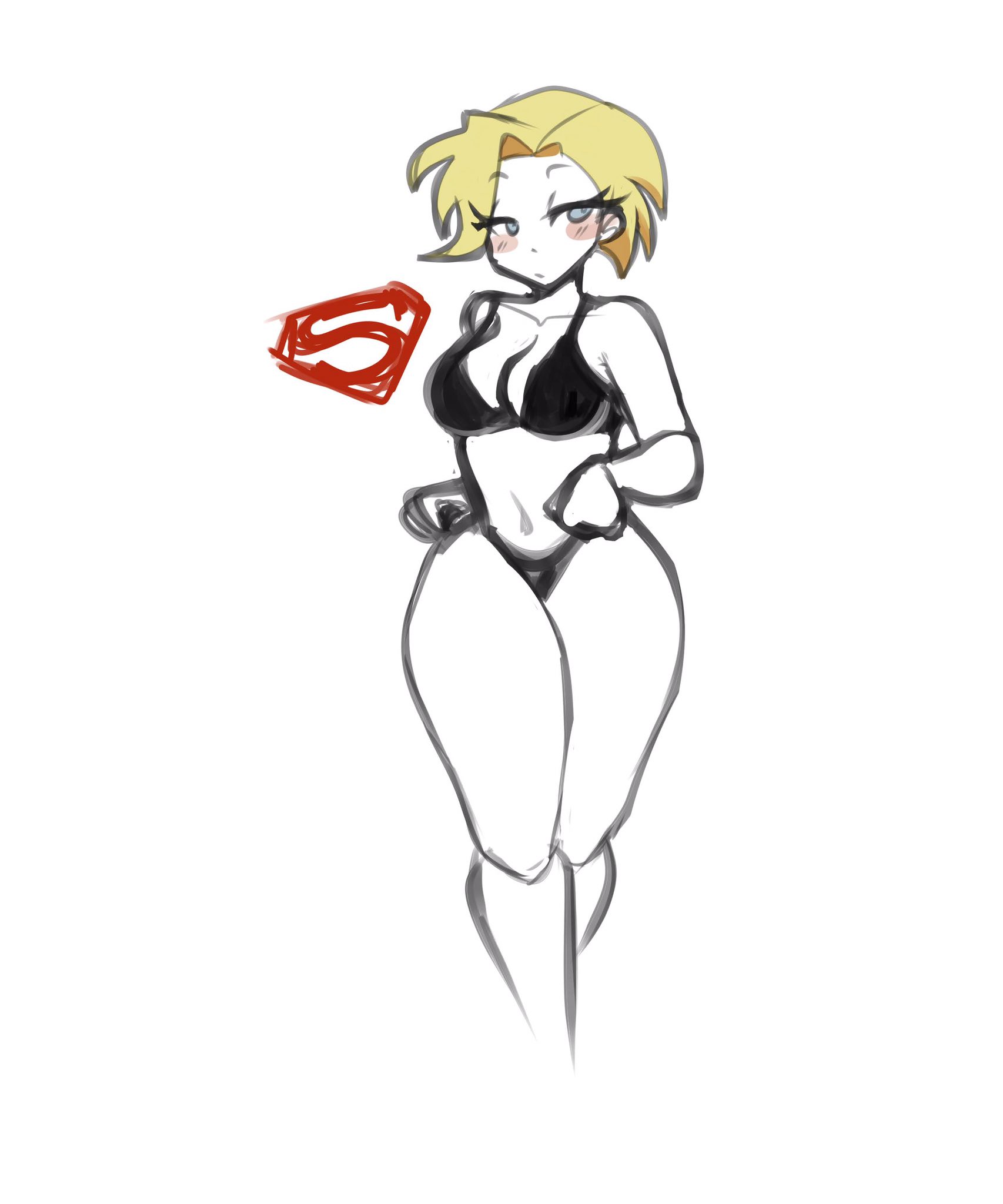 1girls, black bra, black panties, black underwear, blonde hair, blue eyes, blush, bra, cleavage, dc, dc comics, dc super hero girls, female, female only, julyhbetz, kara danvers, kara zor-el, navel, panties, short hair, solo, supergirl, superman (series), white background, wide hips