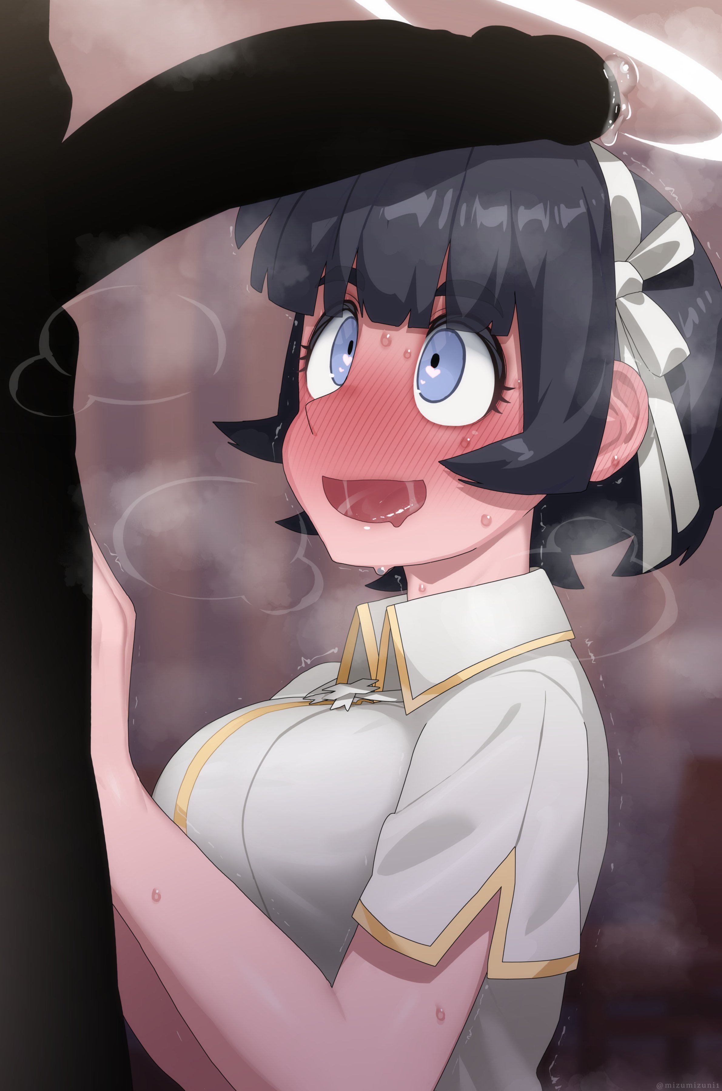 1boy, 1girls, azazel (helltaker), big penis, black body, black hair, black penis, blue eyes, blush, censored, cute, diadem, excited, eye contact, female, fringe, gigantic penis, happy, helltaker, imminent deepthroat, imminent oral, kneeling, large penis, long penis, male, mizumizuni, oral, penis, penis awe, petite, seductive mouth, short hair, teenager