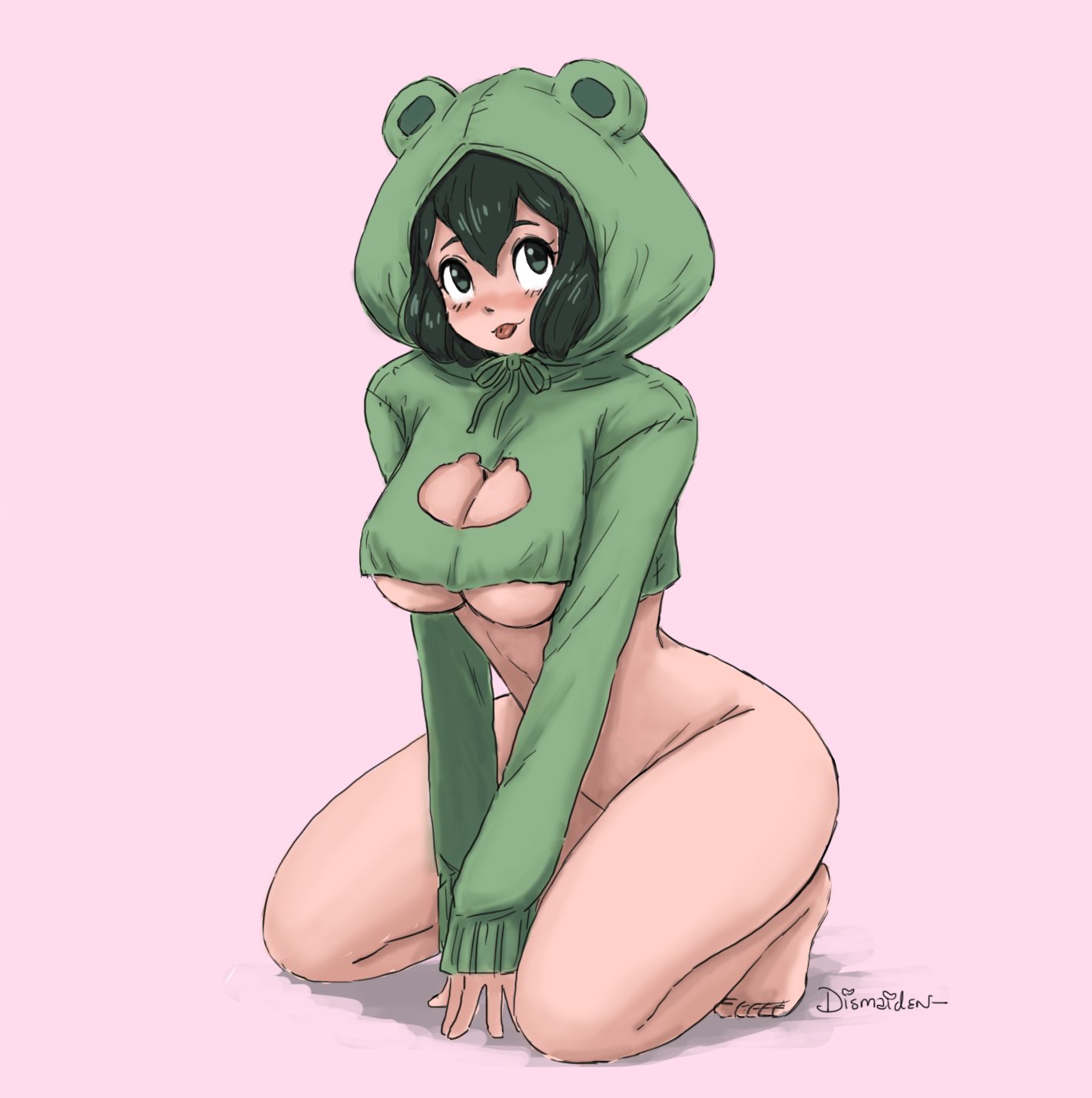 1girls, all fours, alternate version available, artist name, ass, bangs, barefoot, big ass, big breasts, blush, bottomless, breasts, cleavage, cleavage cutout, clothing, crop top, curvy, cute, dismaiden, female, female focus, female only, green eyes, green hair, green-haired female, highres, hips, hoodie, human, large ass, large breasts, long sleeves, looking up, my hero academia, on knees, pink background, pinup, shounen jump, signature, simple background, sitting, smile, solo, solo female, thick thighs, thighs, tongue, tongue out, tsuyu asui, underboob, voluptuous, wide hips