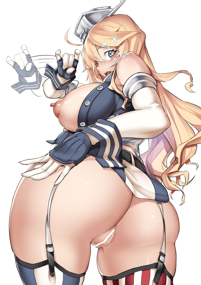 american_flag_legwear ass bar_censor bare_shoulders belt blonde_hair blue_eyes blush breasts cation censored elbow_gloves female from_behind garter_straps gloves headgear ion_(cation) iowa_(kantai_collection) kantai_collection large_breasts long_hair looking_at_viewer looking_back miniskirt nipples photoshop_(medium) pussy sexually_suggestive skirt slapping solo sparkling_eyes star-shaped_pupils star_(symbol) striped striped_legwear striped_skirt symbol-shaped_pupils thighhighs vertical-striped_legwear vertical-striped_skirt vertical_stripes