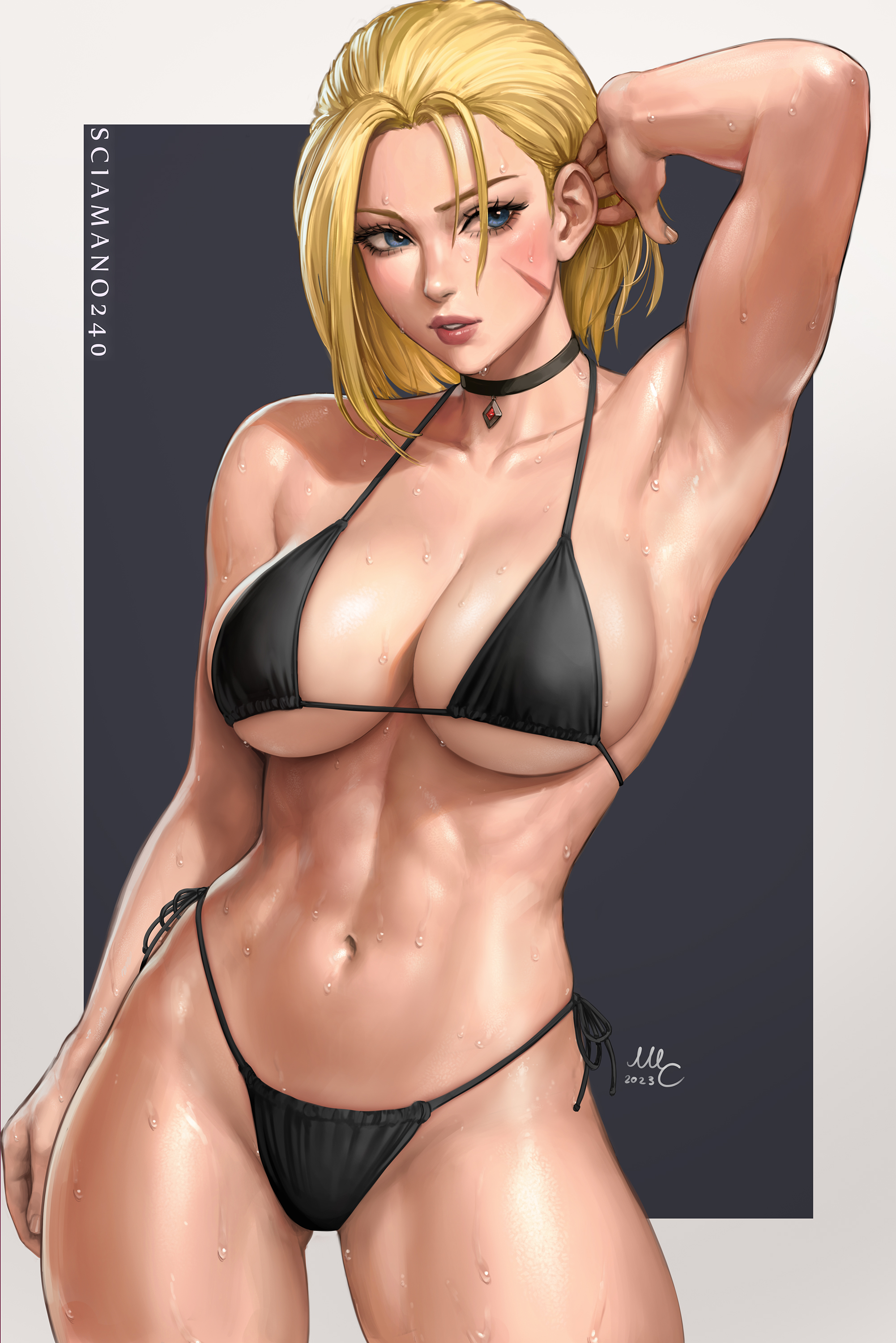1girls, 2023, alternate version available, armpits, arms up, athletic, athletic female, bikini, black choker, blonde hair, cammy white, capcom, choker, female, female focus, female only, looking at viewer, sciamano240, seductive look, solo, solo focus, street fighter, street fighter 6, sweaty, sweaty body, voluptuous, voluptuous female