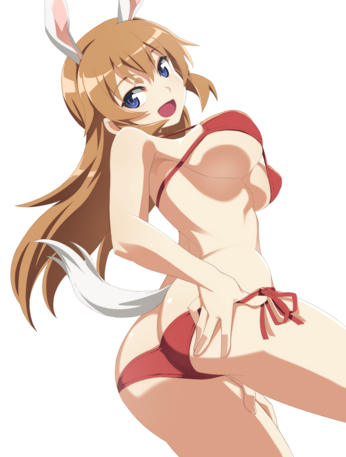 animal_ears ass bikini blue_eyes blush breasts brown_hair bunny_ears bunny_girl bunny_tail caryo charlotte_e_yeager eyebrows_visible_through_hair female female_only large_breasts long_hair looking_at_viewer nanashino open_mouth rabbit_ears rabbit_tail red_bikini shiny shiny_hair shiny_skin side-tie_bikini simple_background smile solo solo_female strike_witches swimsuit tail white_background world_witches_series