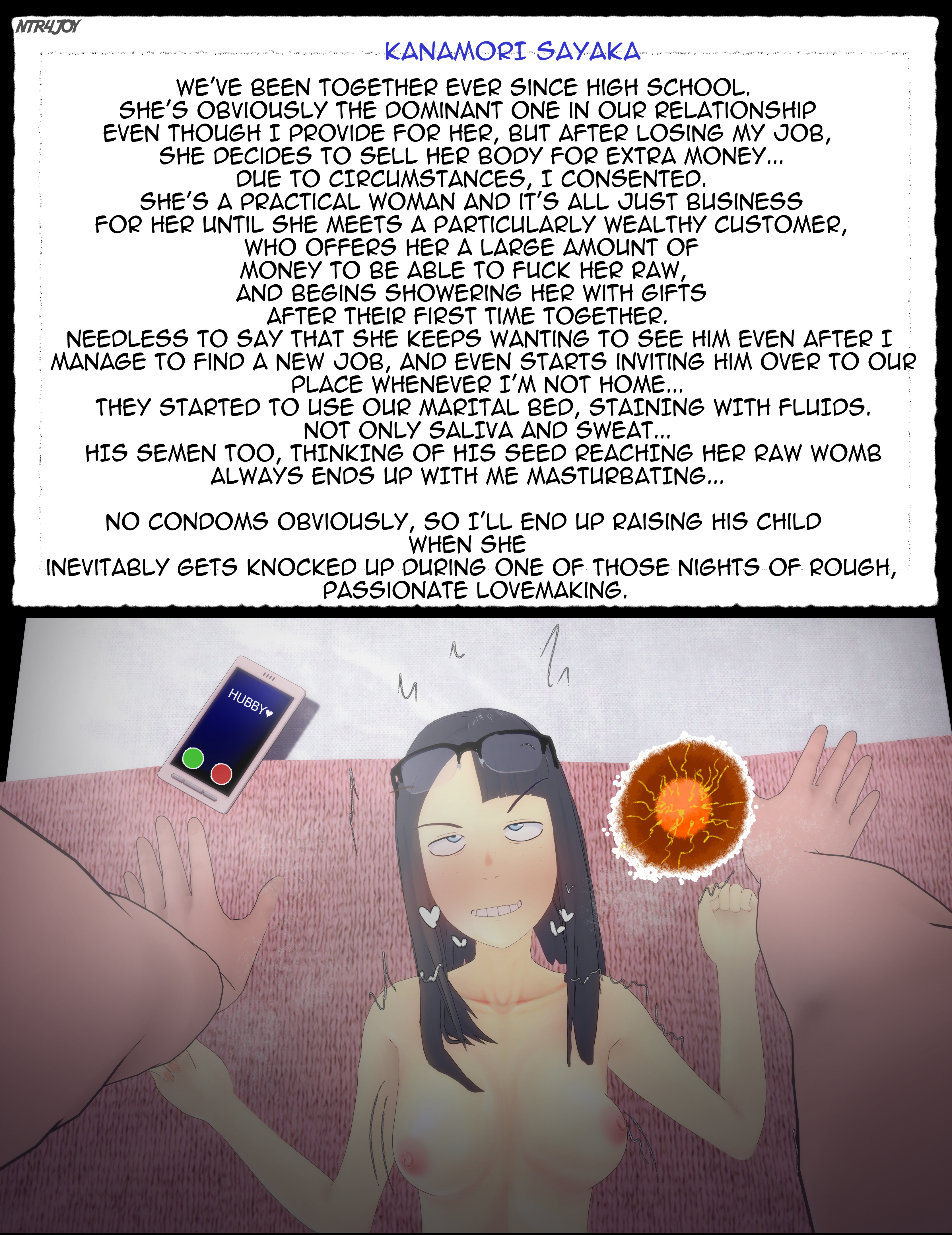 1boy, 1girls, 3d, bed, bed sheet, blush, breasts, caption, cellphone, cheating, cheating wife, cuckold, eizouken ni wa te wo dasu na!, english, english text, female, grin, high resolution, human, impregnation, jimiko, kanamori sayaka, koikatsu, large filesize, male, netorare, nipples, ntr4joy, nude, phone, sex, small breasts, smile, text, very high resolution