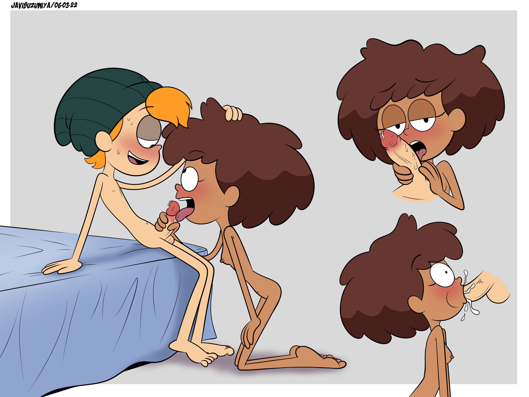 1boy, 1girls, 2d, accurate art style, aged up, amphibia, anne boonchuy, artist name, ass, big penis, breasts, cum, cum in mouth, cum inside, dark skin, dark-skinned female, disney, disney channel, fellatio, female, flat chest, hand on head, highres, human, humanized, interracial, javisuzumiya, kissing penis, licking penis, looking at partner, male, male/female, nipples, nude, nude female, on model, oral, orgasm, penis, small breasts, smooth skin, sprig plantar, tagme, teenage female, teenage male, teenager, thai, thai female, thick penis, twig (amphibia), young