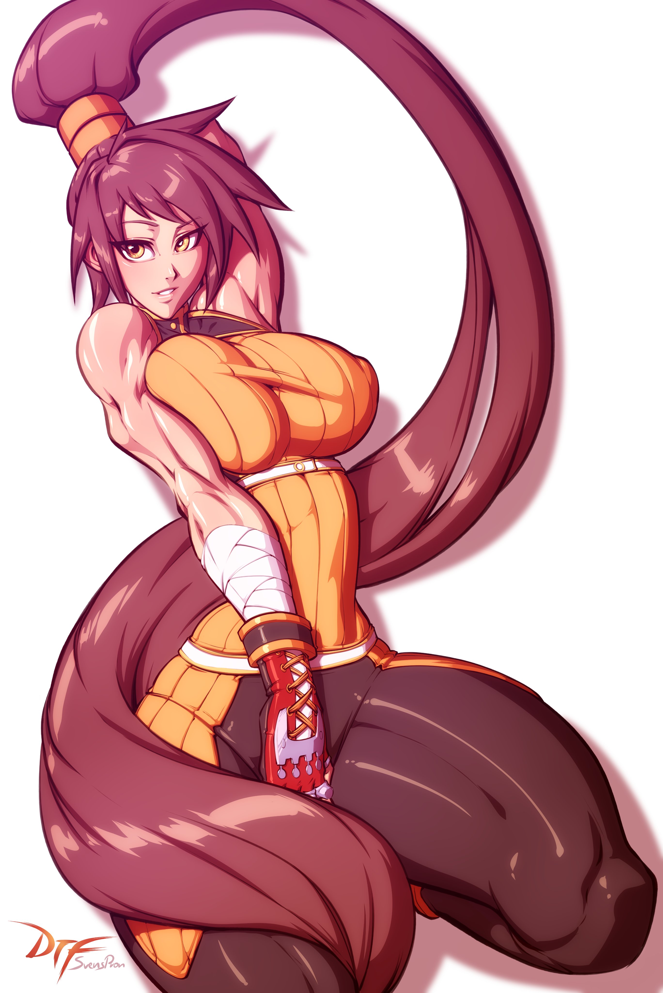 1girls, bodysuit, breasts, brown eyes, brown hair, covered nipples, dungeon and fighter, dungeon fighter online, female, fingerless gloves, gloves, kneeling, large breasts, muscular, muscular female, png version available, ponytail, sleeveless, solo, striker (dungeon and fighter), svenners, thick thighs, very long hair
