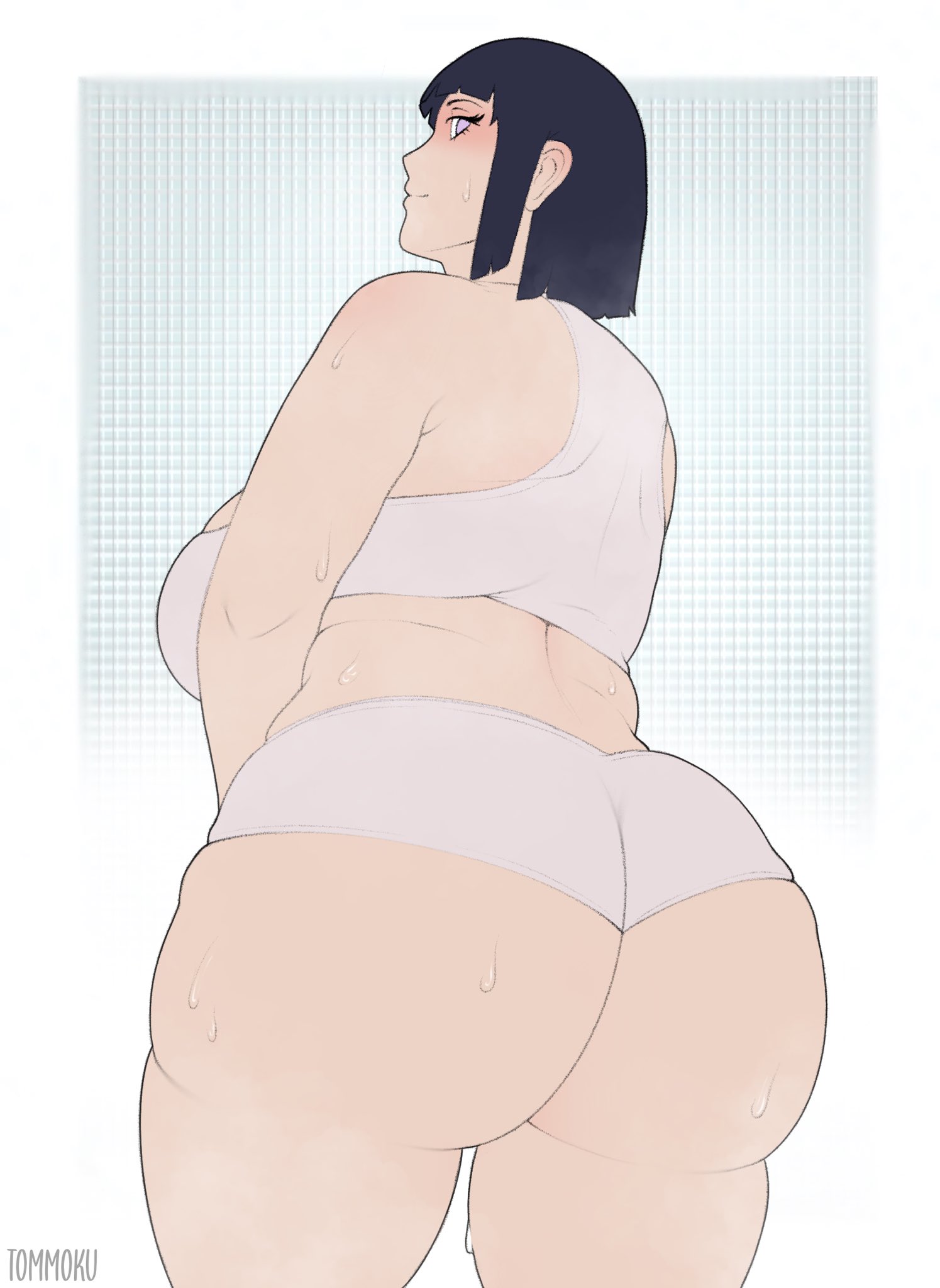 1girls, ass, back view, backboob, bbw, big ass, big breasts, big butt, black hair, boruto: naruto next generations, breasts, bubble ass, bubble butt, curvy, fat ass, female, female only, hyuuga hinata, large ass, large breasts, light skin, light-skinned female, looking at viewer, looking back, naruto, naruto (series), naruto shippuden, overweight, overweight female, short hair, shounen jump, smile, smiling, smiling at viewer, solo, solo female, sweat, sweating, sweaty, sweaty body, tagme, thick thighs, thighs, tommoku, uzumaki hinata, voluptuous