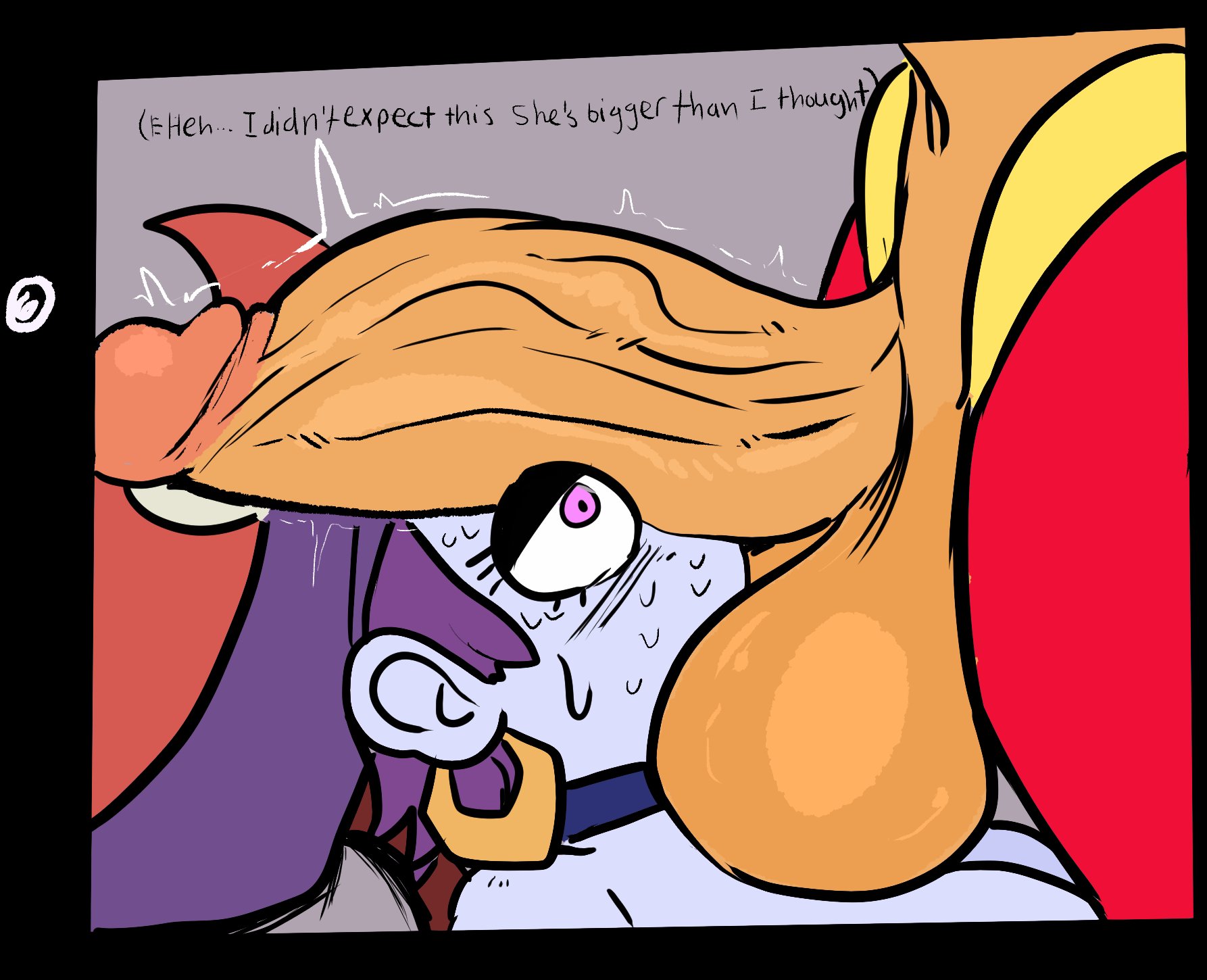 1futa, 1girls, balls, big balls, big penis, choker, clothes, cock shock, comic page, dialogue, earrings, female, futa on female, futanari, hypnosis, intersex, lemonadepikachu, penis, penis awe, penis on face, penis out, pink eyes, purple hair, purple skin, shantae, shantae (character), sweat, veiny penis