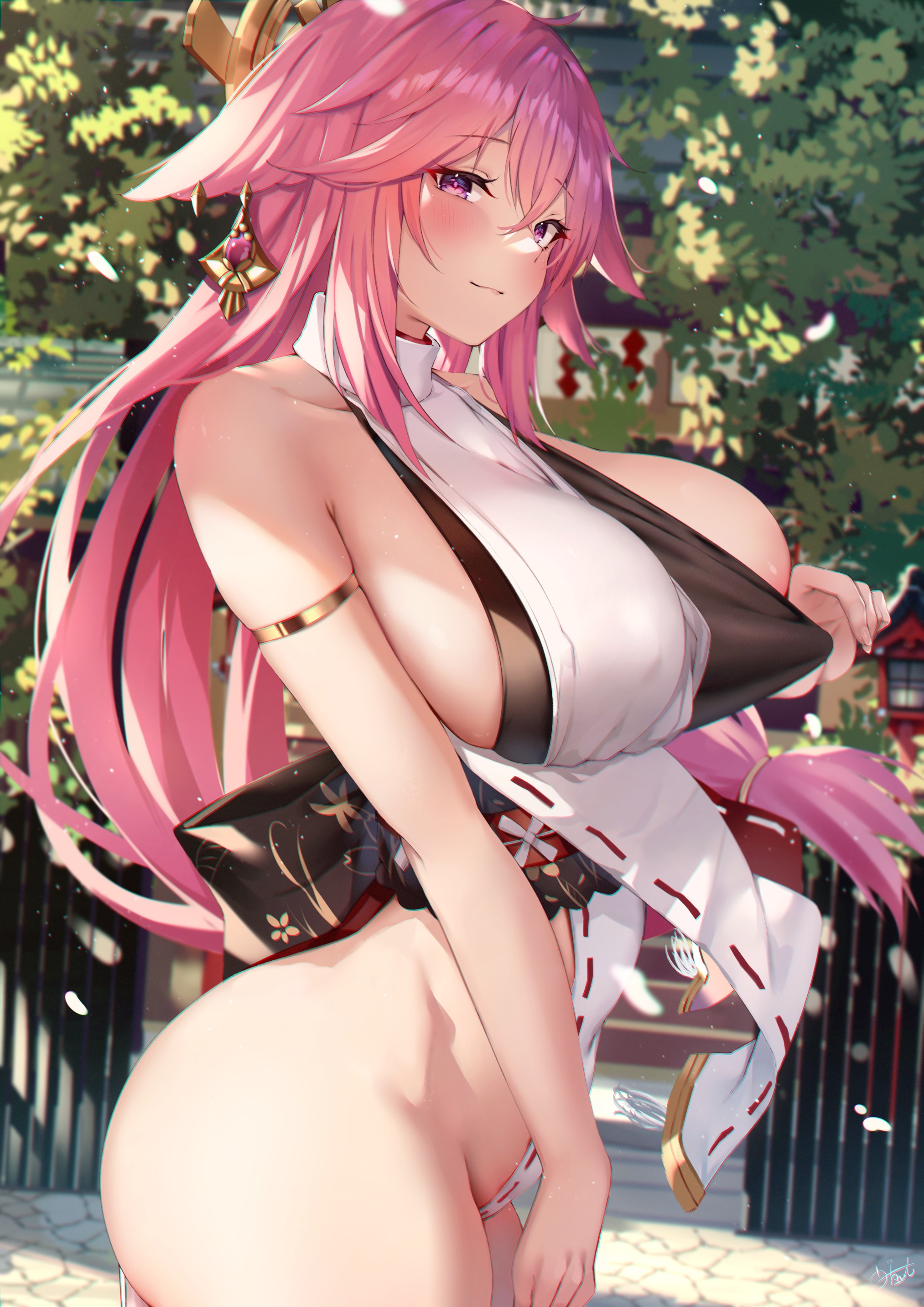 1girls, ass, big ass, blush, breasts, curvy, female, genshin impact, highres, no panties, pink hair, sideboob, smile, u ronnta, voluptuous, yae miko