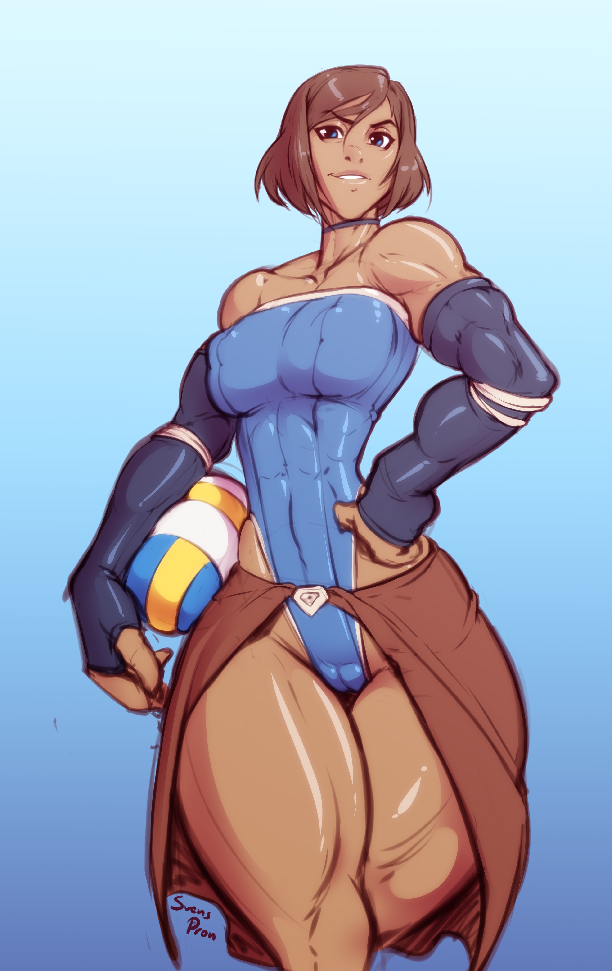 1girls, avatar legends, ball (object), bare shoulders, blue eyes, breasts, brown hair, cameltoe, choker, clothing, covered nipples, dark skin, dark-skinned female, elbow gloves, female, female only, fingerless gloves, korra, large breasts, leotard, looking at viewer, medium breasts, muscular, muscular female, nickelodeon, pussy, sarong, short hair, solo, svenners, the avatar, the legend of korra, thick thighs, tomboy, water tribe
