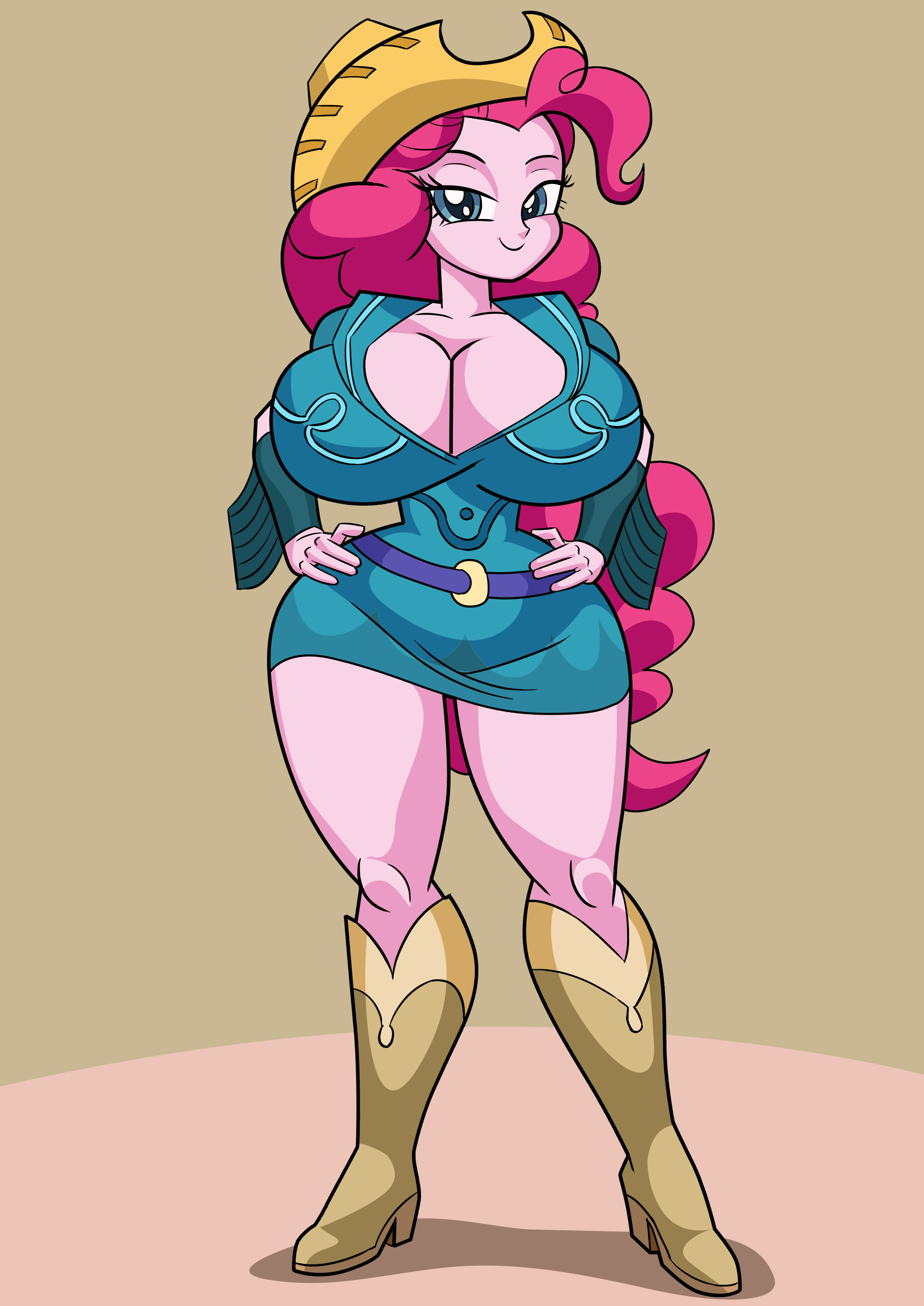 1girls, art-2u, bedroom eyes, big breasts, bimbo, boots, breasts, cleavage, commission, cowboy boots, cowboy hat, cowgirl, cowgirl (western), curvy, equestria girls, female, friendship is magic, hands on hips, hasbro, hi res, highres, hourglass figure, huge breasts, large breasts, legs, looking at viewer, my little pony, pinkie pie (eg), pinkie pie (mlp), smile, smiling at viewer, solo, solo female, thick thighs, thighs, wide hips