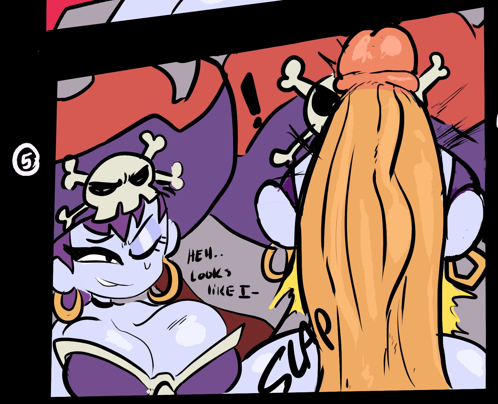 1futa, 1girls, big breasts, big penis, breasts, brown skin, clothes, comic page, dialogue, ear piercing, female, futa on female, futanari, intersex, lemonadepikachu, motion lines, onomatopoeia, penis, penis on face, penis out, purple skin, risky boots, shantae, shantae (character), sweat, veiny penis