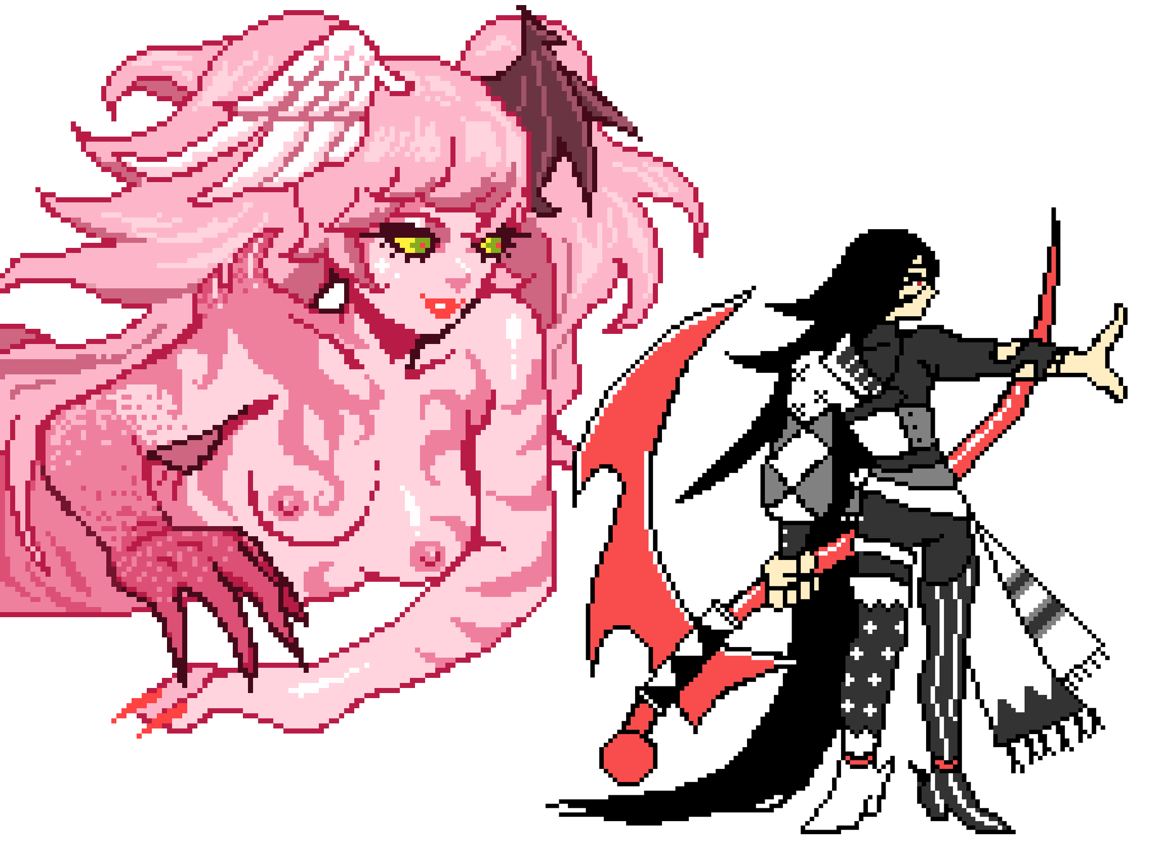 1boy 1boy1girl 1girls androgynous black_hair danganronpa danganronpa_2:_goodbye_despair green_eyes izuru_kamukura junko_enoshima long_fingernails long_hair_male nude pink_hair pixel_art ren_valentine straight_hair tagme transparent_background twintails yellow_sclera