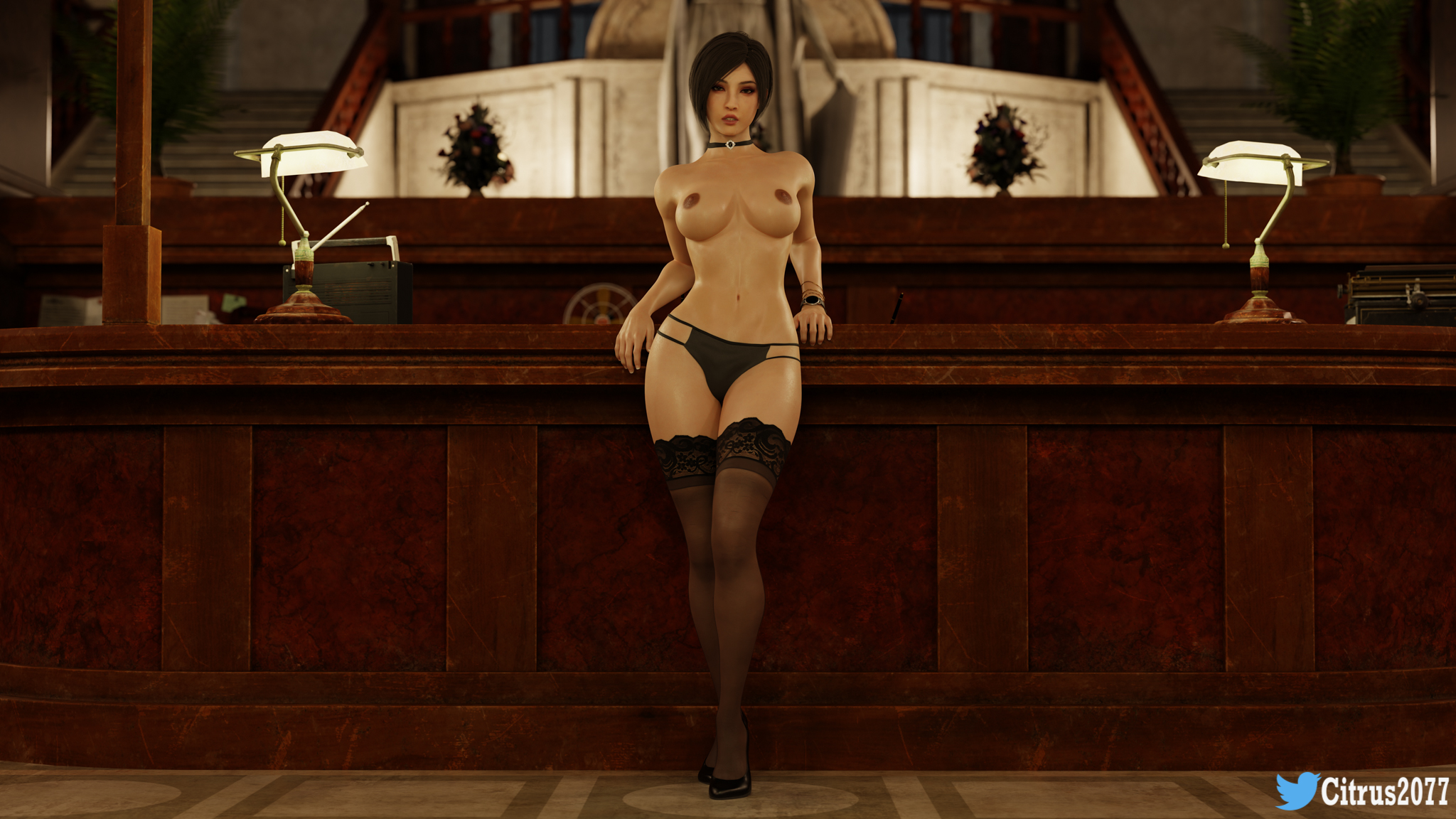 1girls, 3d, ada wong, ada wong (adriana), blender, blender (software), breasts, capcom, choker, citrus2077, female, female only, heels, large breasts, leaning back, panties, pinup, pinup pose, resident evil, resident evil 2, resident evil 2 remake, solo, tagme, thick thighs, thighhighs, topless, wallpaper, wide hips