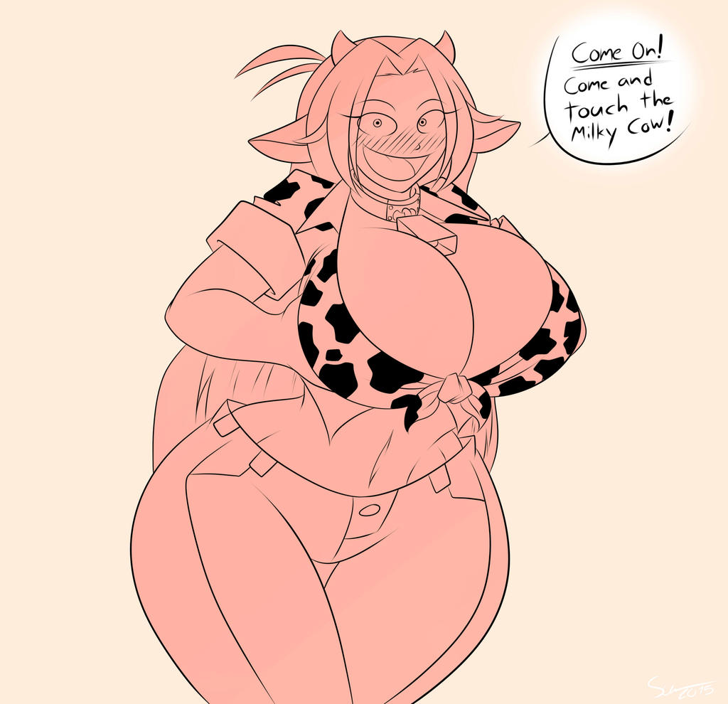 1girls, 2015, animal ears, big breasts, breasts, cleavage, clothed, clothing, cow ears, cow girl, cow horns, cow print, curvaceous, curvy, dialogue, english, english text, eye contact, female, female focus, hips, horns, huge breasts, large breasts, long hair, looking at viewer, mattie (matsu-sensei), midriff, solo, solo female, solo focus, speech bubble, superix, text, tied shirt, top heavy, voluptuous, wide hips