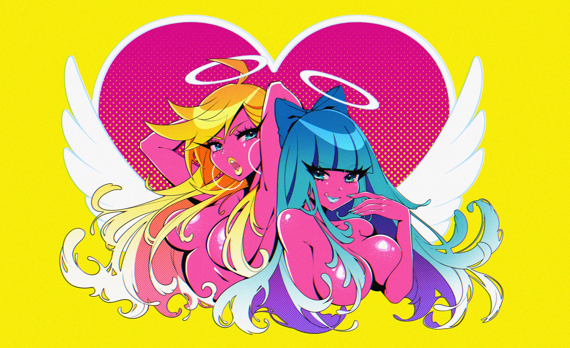 2girls, alternate color, angel, angel wings, big breasts, blonde hair, blue eyes, blue hair, bow, breasts, convenient censoring, covered nipples, crystalsugarstars, earrings, female, female only, goth, hair over breasts, hairbow, halo, heart, humanoid, licking lips, lipstick, long hair, looking at viewer, nude, nude female, pale skin, panty & stocking with garterbelt, panty anarchy, stocking anarchy, yellow background