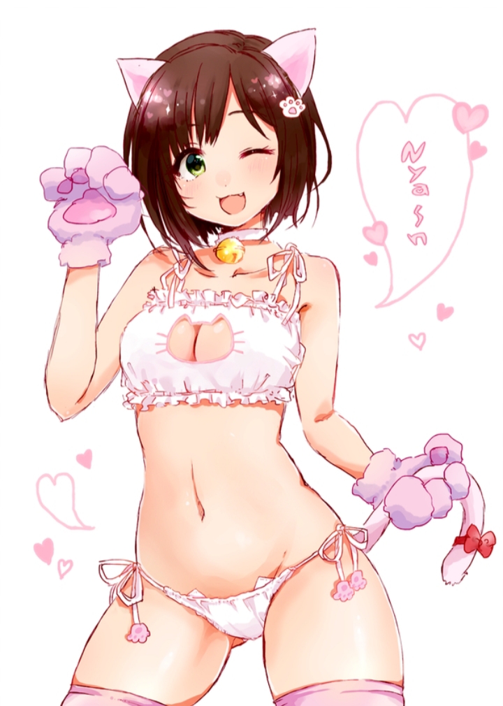 :3, 2022, bell, belly button, blush, bow, breasts, brown hair, cat ears, cat girl, cat humanoid, cat lingerie, cat paws, cat tail, catgirl, collar, cute, female, green eyes, hairclip, heart, lingerie, medium ass, medium breasts, neko, open mouth, paws, pink collar, pink thigh highs, pink thighhighs, shorts, small waist, submissive, thick thighs, thighhighs, white bottomwear, white fur, white paws, white topwear, wink