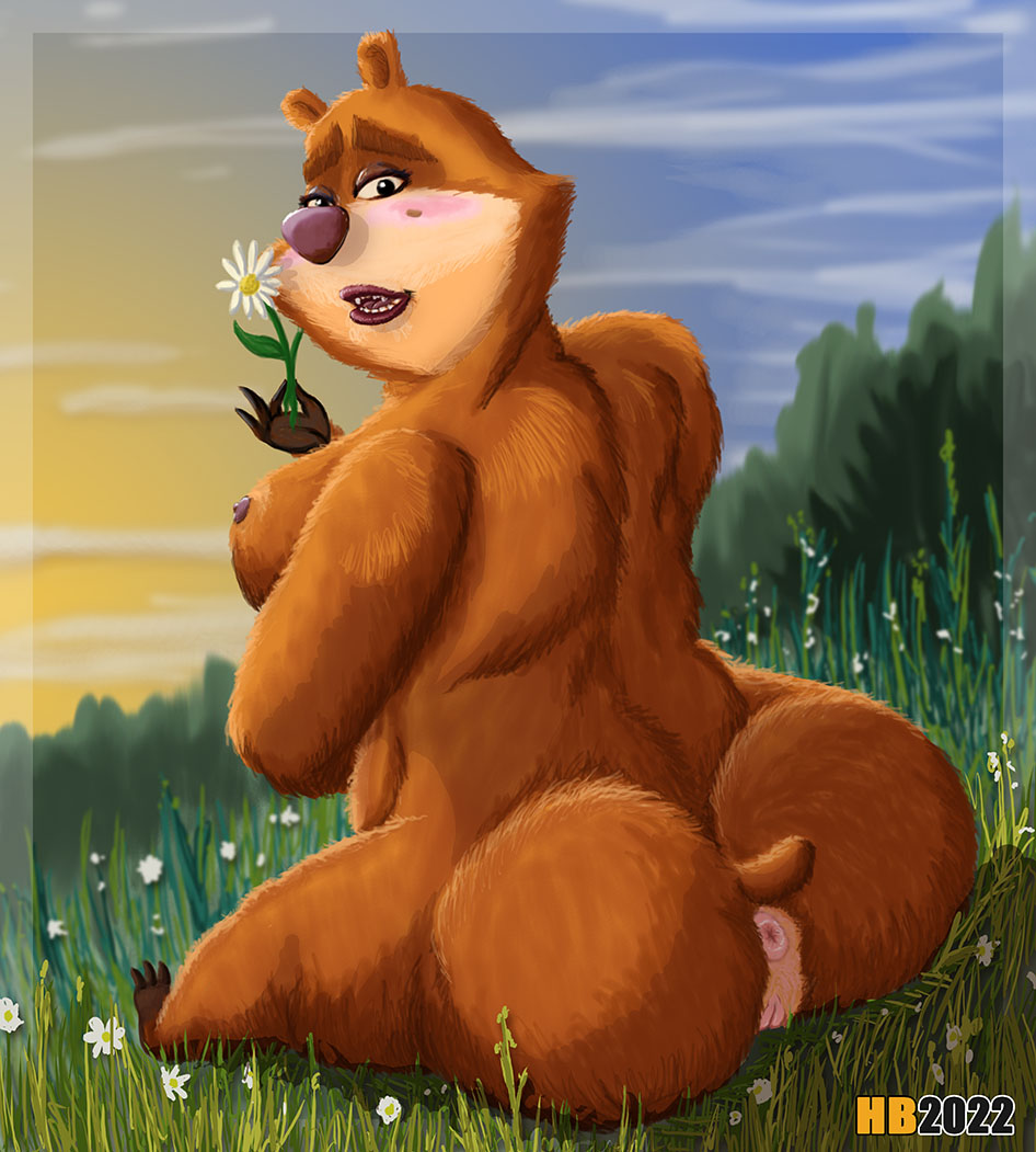 anthro anus blush breasts embarrassed_nude_female female flower genitals hentai_boy hentai_boy_(artist) mammal nature outside overweight overweight_anthro overweight_female plant pussy solo ursa ursid