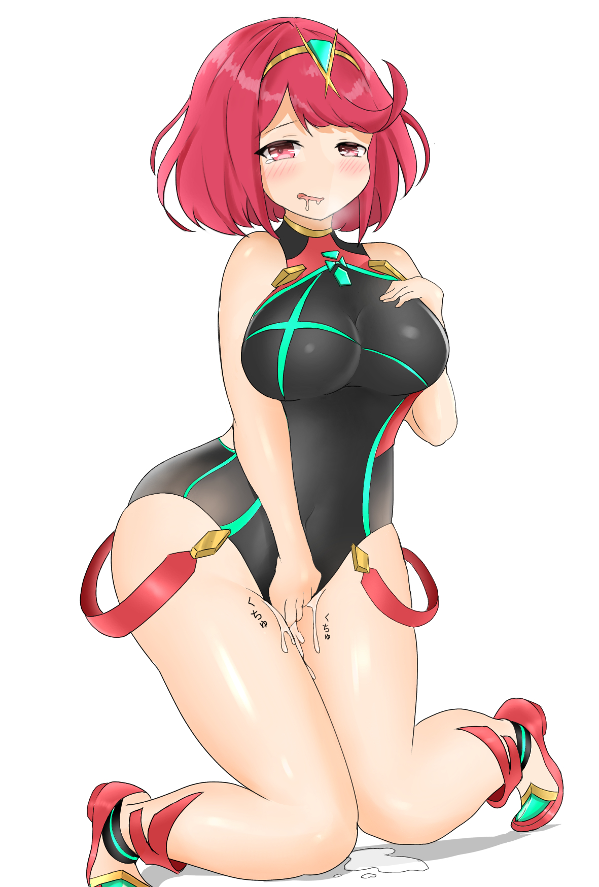 1girls, alternate costume, breasts, female, masturbation, nintendo, official alternate costume, open mouth, plumun, pyra, solo, swimsuit, tagme, white background, xenoblade (series), xenoblade chronicles 2