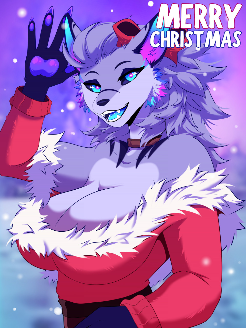 1girls 2021 anthro big_breasts black_nose black_sclera blue_eyes blue_iris blue_tongue boob_window bowtie breasts canine canine_humanoid christmas christmas_outfit ear_tuft english_text eyebrows eyelashes fangs female female_only furry furry_female furry_only grey_body grey_hair litchie_d long_hair looking_at_viewer mammal mammal_humanoid neckwear open_mouth pink_pupils purple_nails purple_pawpads purple_paws rokos_(litchiedraw) solo teeth teeth_showing text tuft waving waving_at_viewer werewolf werewolf_girl