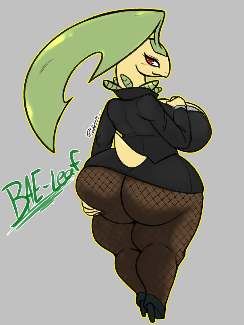 anthro, ass, bayleef, big ass, big breasts, big butt, breasts, clothed, clothing, female, fishnet, fishnet legwear, hi res, holding butt, huge ass, huge butt, jyto, legwear, looking at viewer, looking back, looking back at viewer, nintendo, pokémon (species), pokemon, pokemon (species), solo, video games