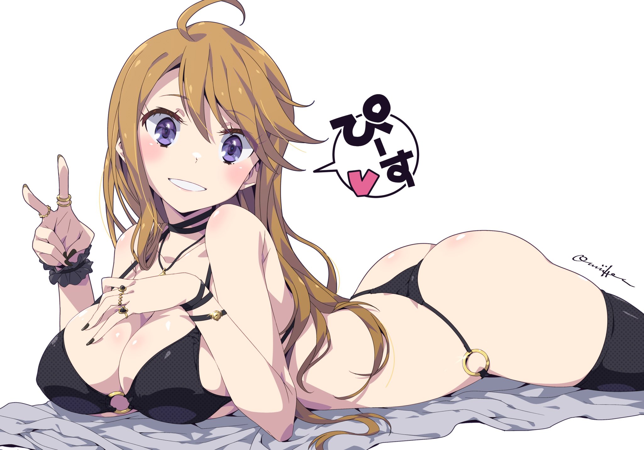 ahoge, ass, bangs, bare shoulders, bikini, black bikini, black legwear, blush, bracelet, breast press, breasts, brown hair, choker, cleavage, collarbone, eyebrows visible through hair, female, highres, idolmaster, idolmaster million live!, jewelry, large breasts, long hair, looking at viewer, lying, nail polish, o-ring, o-ring bikini, on stomach, oomura karasu, purple eyes, ring, simple background, smile, solo, swimsuit, teeth, the pose, thighhighs, tokoro megumi, v, white background