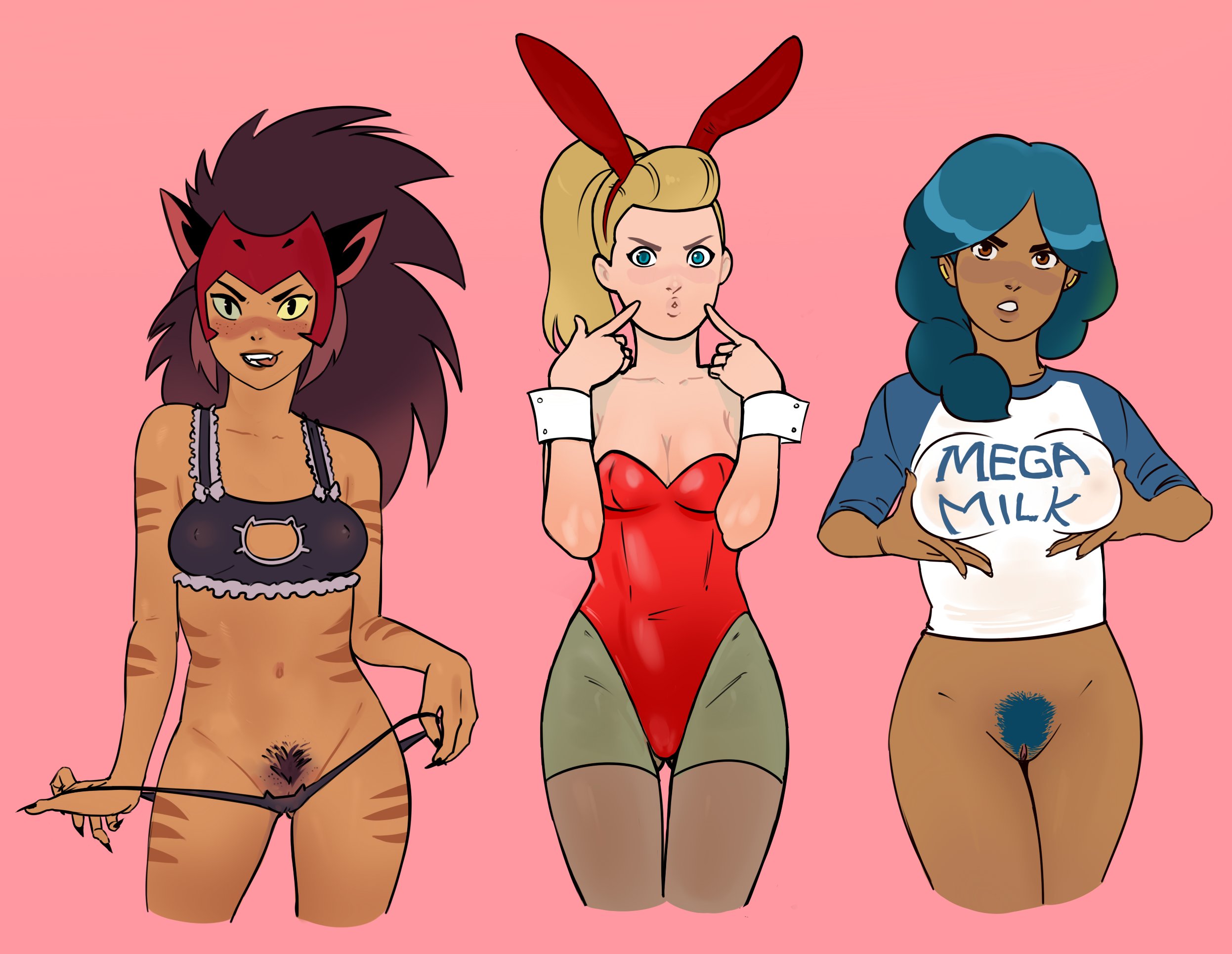 3girls, adora, black bra, black panties, blonde female, blonde hair, blue eyes, blue hair, blue pubic hair, bottomless, bottomless female, bra, braid, braided hair, breasts, brown hair, brown pubic hair, brown stockings, bunny ears, bunny girl, bunnysuit, cat bra, cat ears, cat girl, cat lingerie, cat panties, catgirl, catra, claws, cleavage, dark skin, dark-skinned female, fangs, female, female focus, female only, grabbing own breast, heterochromia, kloee-nsfw (artist), leotard, light skin, light-skinned female, lingerie, long hair, looking at viewer, mega milk, mermista, multiple females, multiple girls, panties, pantyhose, pink background, ponytail, presenting, pubic hair, pulling panties, pussy, red bunnysuit, red leotard, seductive, she-ra and the princesses of power, simple background, source request, stockings, text, tongue, tongue out, underwear, unshaved pussy, yellow eyes