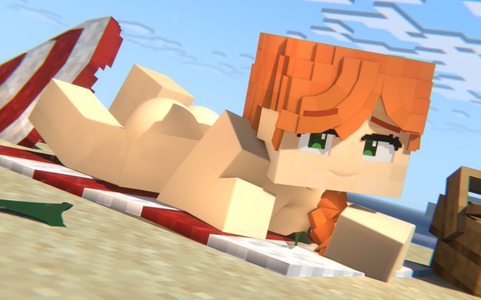 3d 3d_(artwork) alex_(minecraft) beach beach_towel beach_umbrella beveledblock bottomless casual clouds detailed_background female green_eyes human laying_on_stomach looking_at_viewer mine-imator minecraft orange_hair pale_skin picnic_basket smile smiling smiling_at_viewer square_head