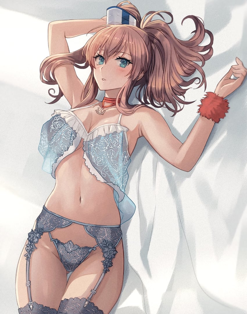 1girls anchor aqua_eyes areolae bangs bed_sheet blue_eyes blush breasts brown_hair cleavage collarbone cowboy_shot detached_cuffs eyebrows_visible_through_hair garter_belt garter_straps grey_legwear grey_panties hair_between_eyes kantai_collection kasumi_(skchkko) large_breasts lingerie long_hair looking_at_viewer lying lying_down lying_on_back lying_on_bed navel open_mouth panties ponytail saratoga_(kantai_collection) side_ponytail thighhighs underwear