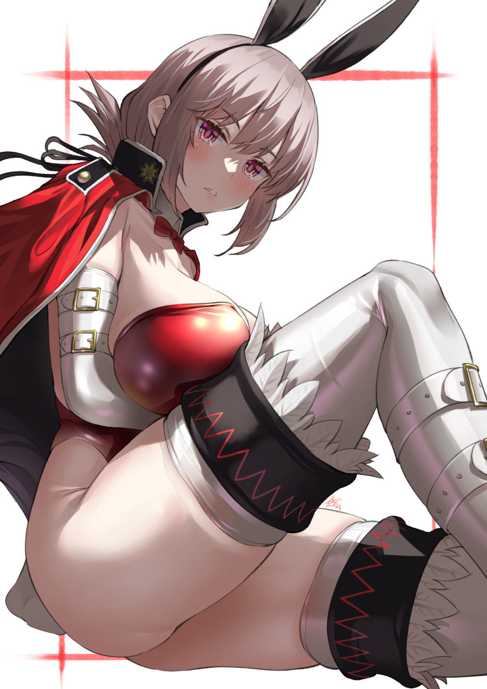 1girls, 2022, blush, braided hair, breasts, bunny ears, bunny girl, bunnysuit, coat on shoulders, emotionless, fate (series), fate/grand order, female, female only, florence nightingale (fate), highleg leotard, hips, huge breasts, leotard, light skin, light-skinned female, long hair, pale skin, pale-skinned female, pink hair, red eyes, red leotard, simple background, skindentation, slim waist, thick thighs, thigh boots, thighhighs, thighs, uo denim, white background, wide hips