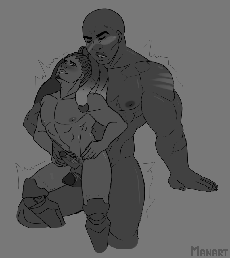 blush doomfist gay imminent_sex lúcio manart monochrome nipples overwatch pecs size_difference thighfuck yaoi